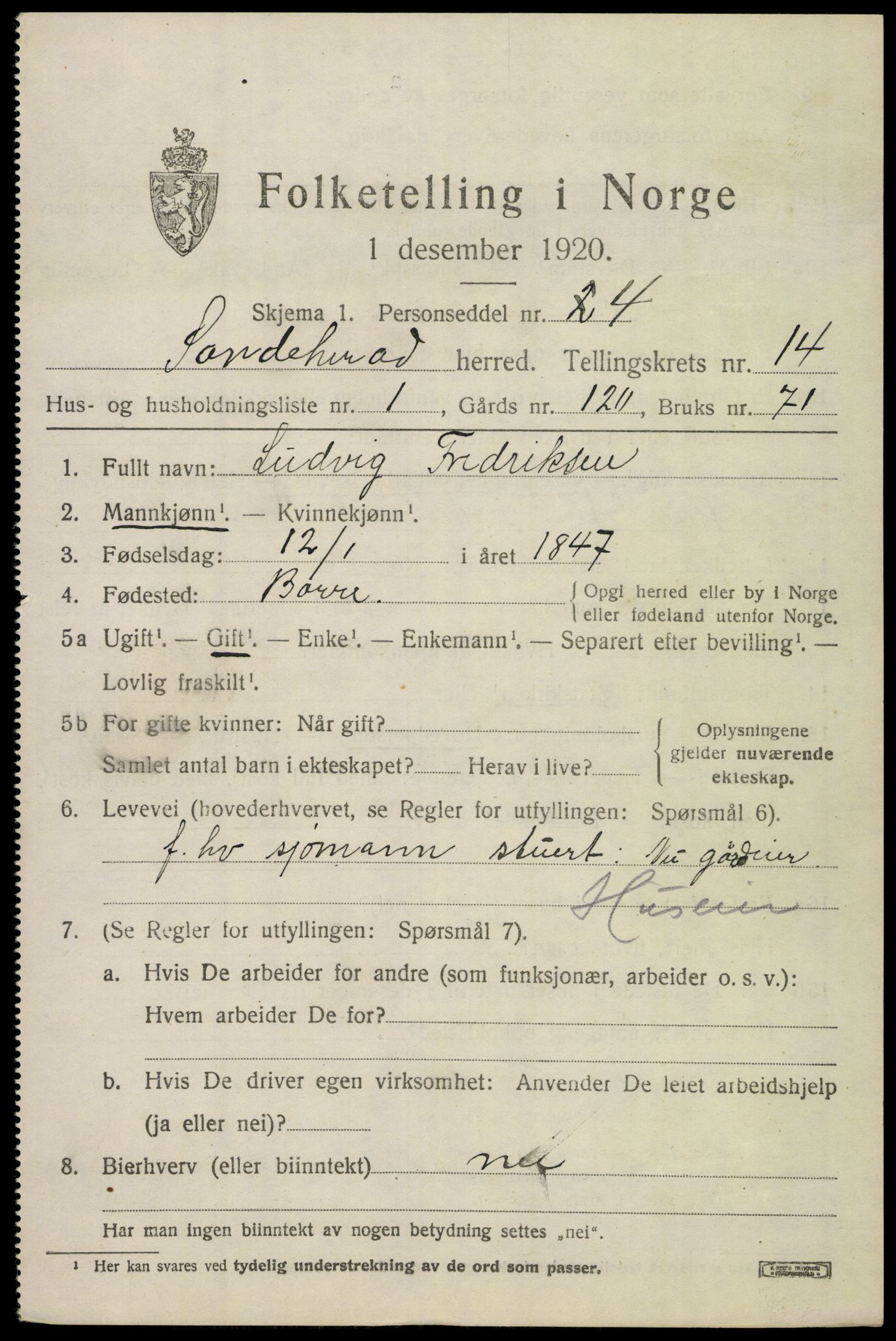 SAKO, 1920 census for Sandeherred, 1920, p. 20180