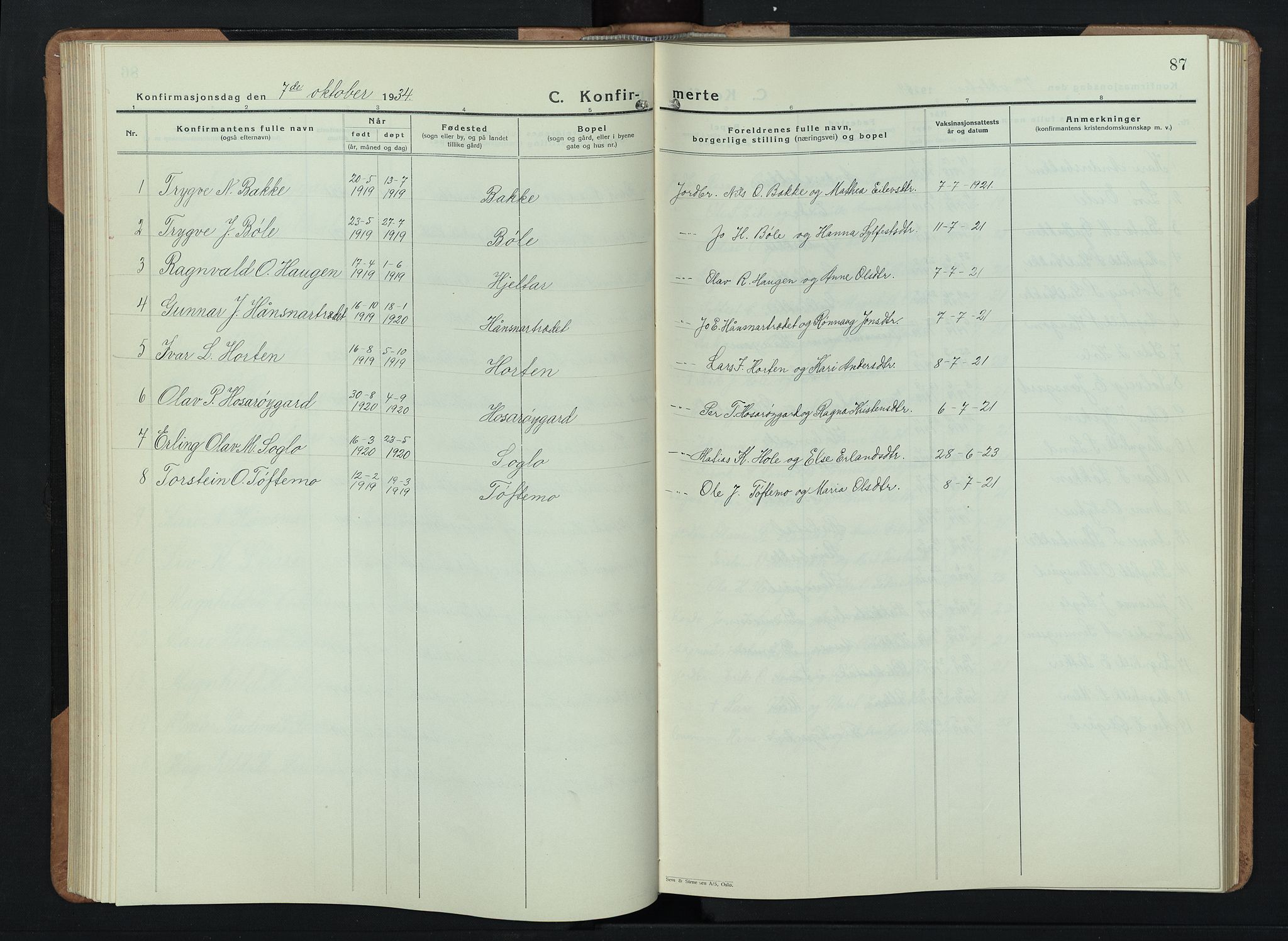 Skjåk prestekontor, AV/SAH-PREST-072/H/Ha/Hab/L0006: Parish register (copy) no. 6, 1933-1954, p. 87