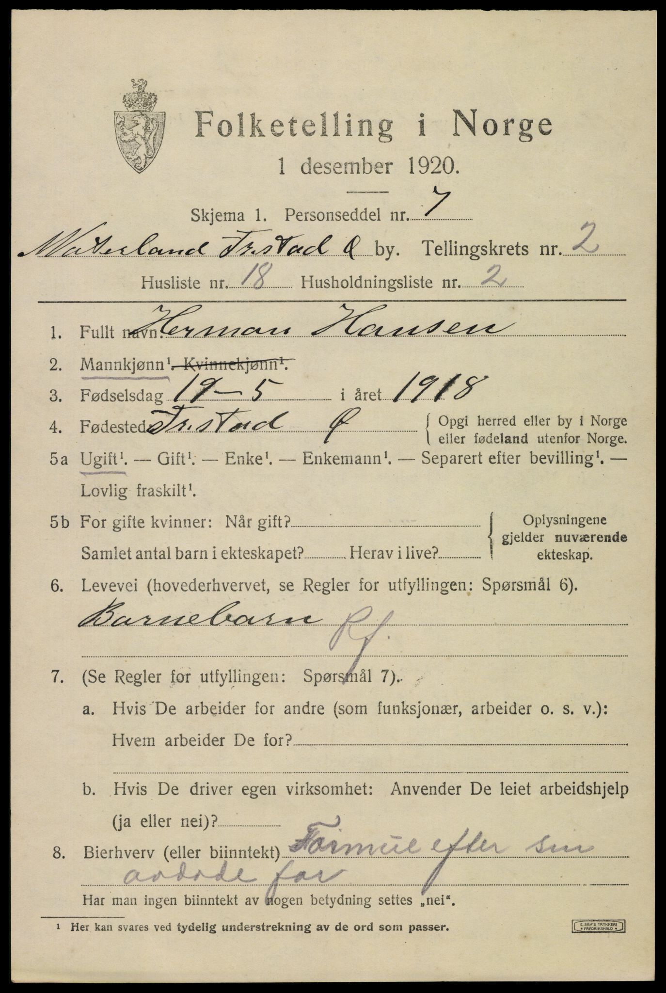 SAO, 1920 census for Fredrikstad, 1920, p. 13881