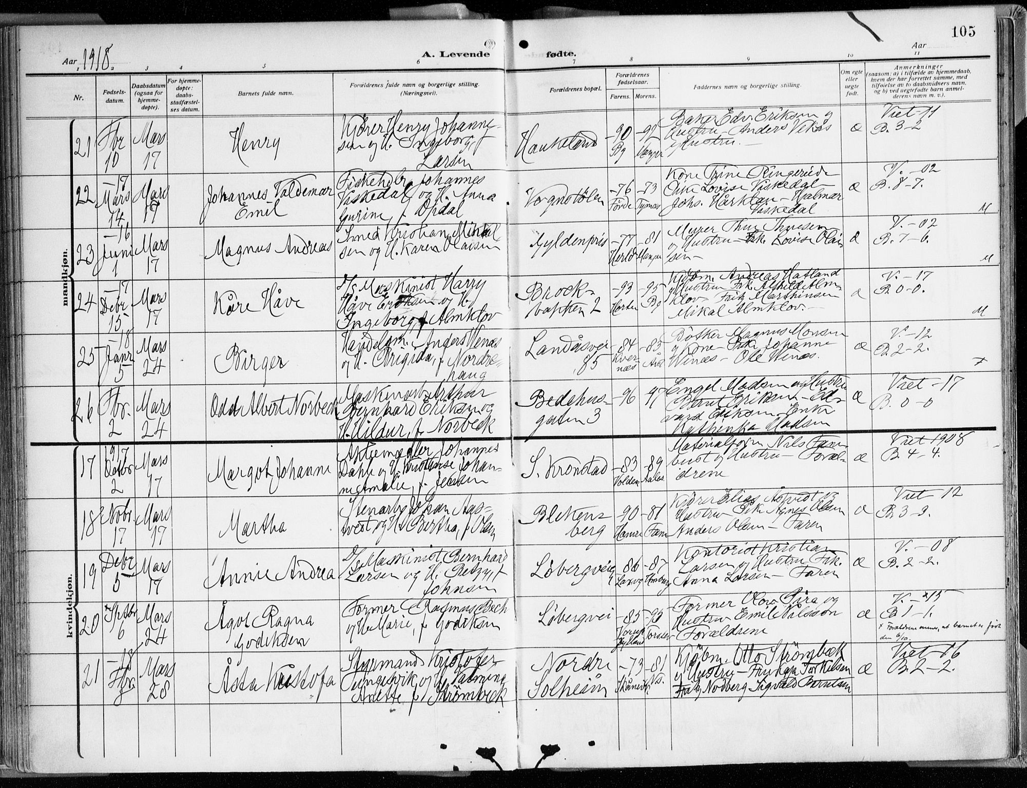 Årstad Sokneprestembete, AV/SAB-A-79301/H/Haa/L0003: Parish register (official) no. A 3, 1914-1919, p. 105