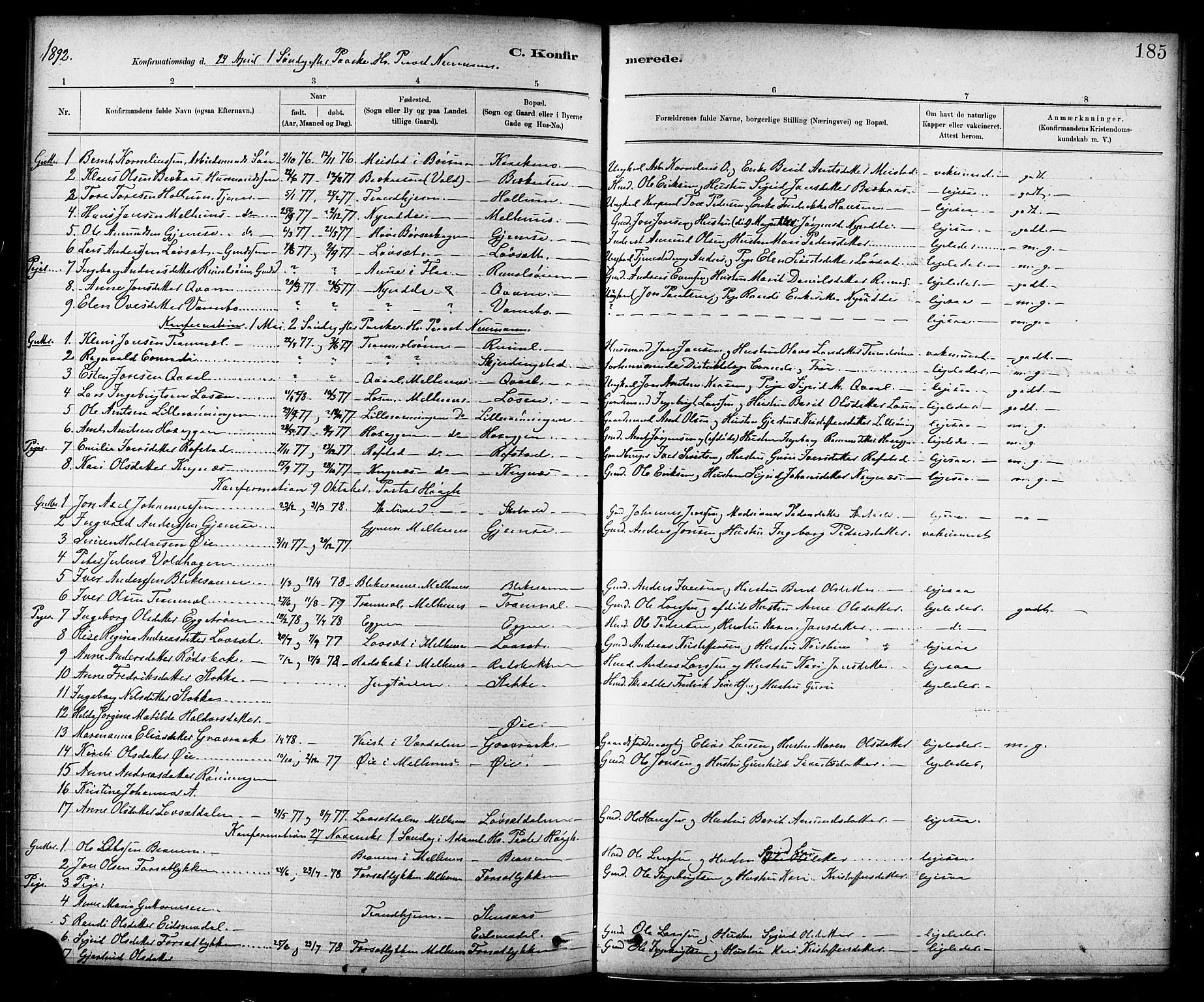 Ministerialprotokoller, klokkerbøker og fødselsregistre - Sør-Trøndelag, SAT/A-1456/691/L1094: Parish register (copy) no. 691C05, 1879-1911, p. 185