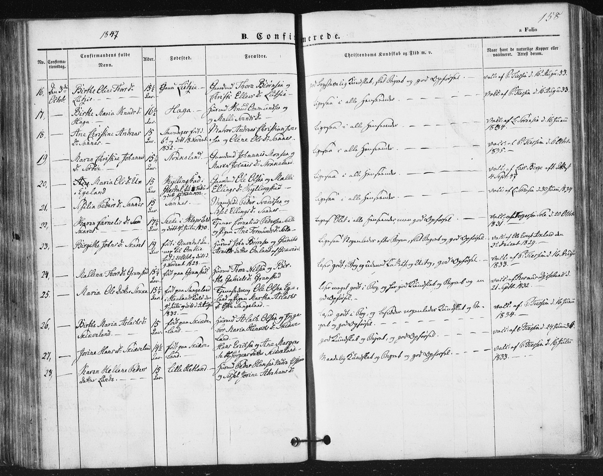 Høyland sokneprestkontor, SAST/A-101799/001/30BA/L0008: Parish register (official) no. A 8, 1841-1856, p. 158