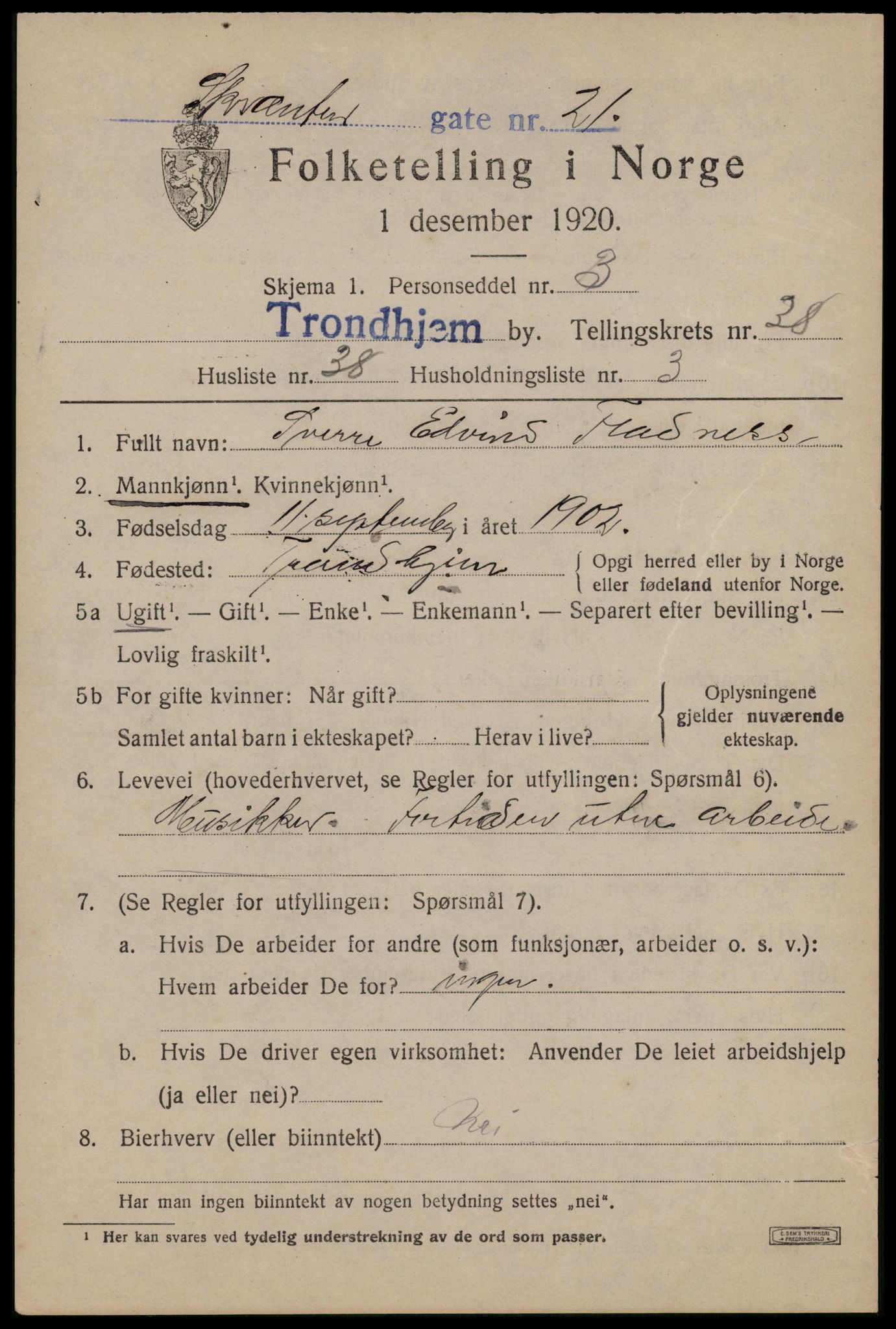 SAT, 1920 census for Trondheim, 1920, p. 87406