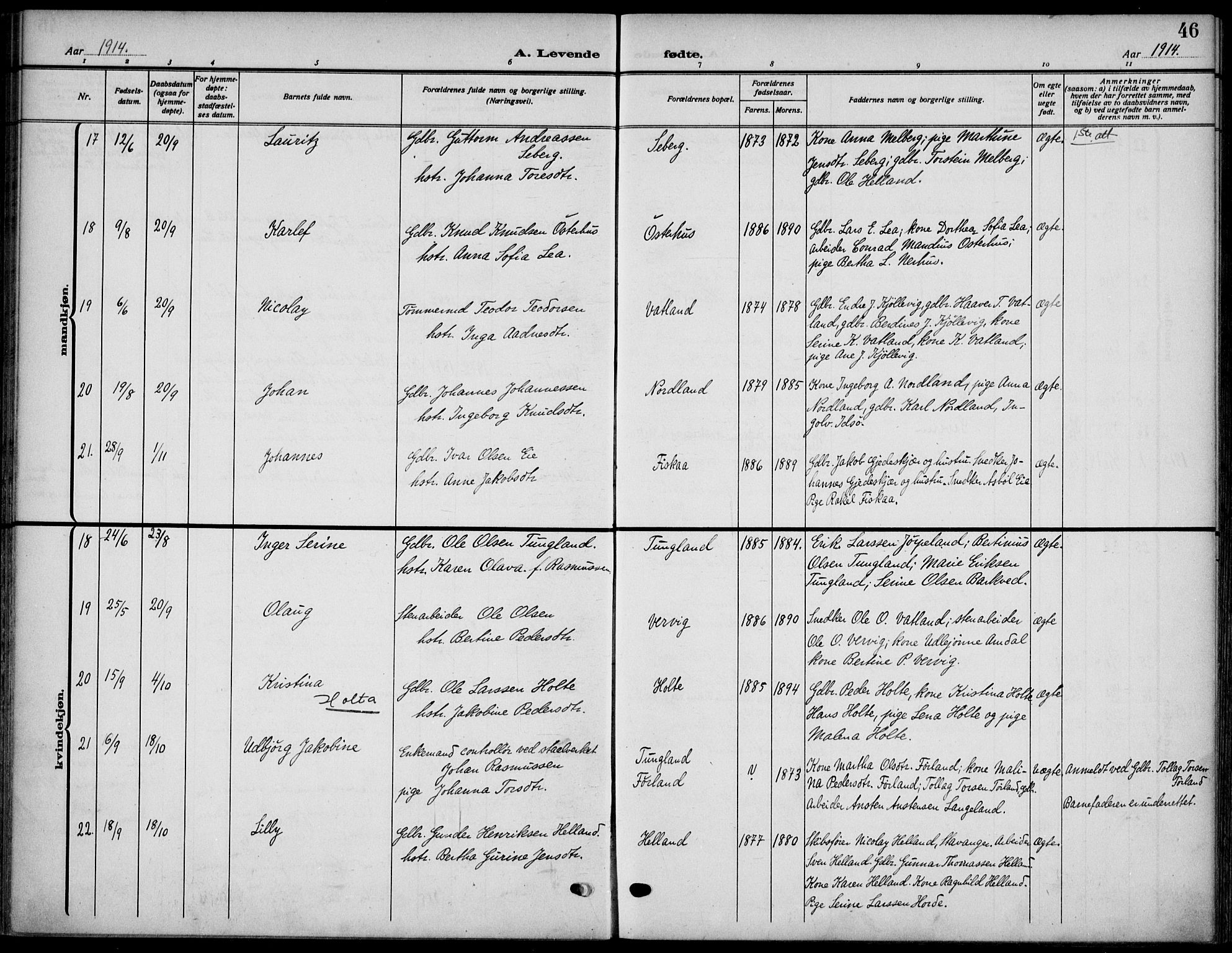 Strand sokneprestkontor, AV/SAST-A-101828/H/Ha/Haa/L0011: Parish register (official) no. A 11, 1908-1930, p. 46