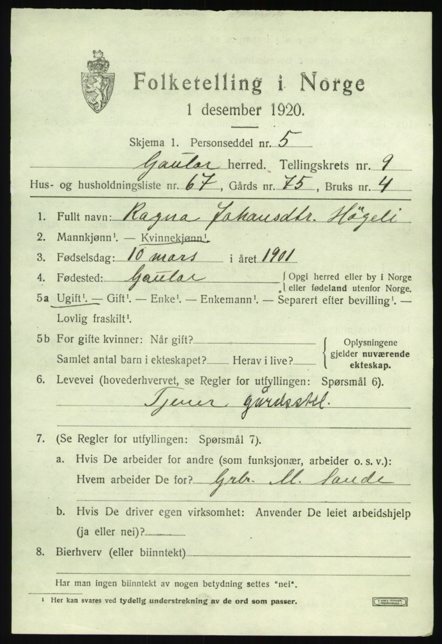 SAB, 1920 census for Gaular, 1920, p. 4774