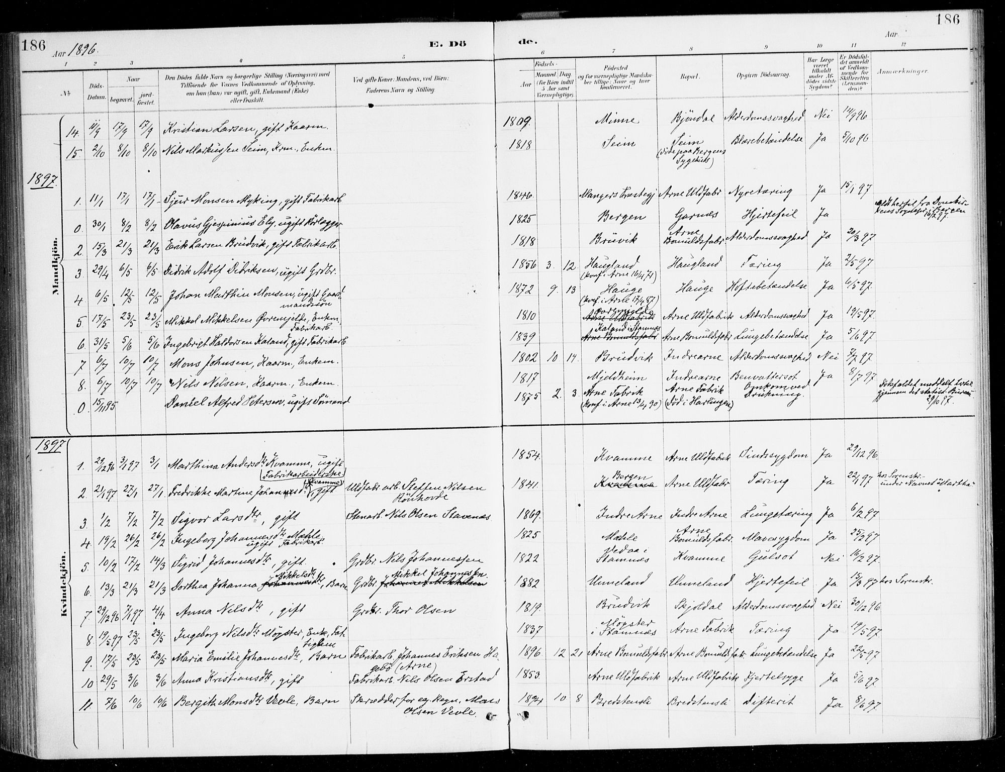 Haus sokneprestembete, AV/SAB-A-75601/H/Haa/Haad/L0001: Parish register (official) no. D 1, 1887-1898, p. 186