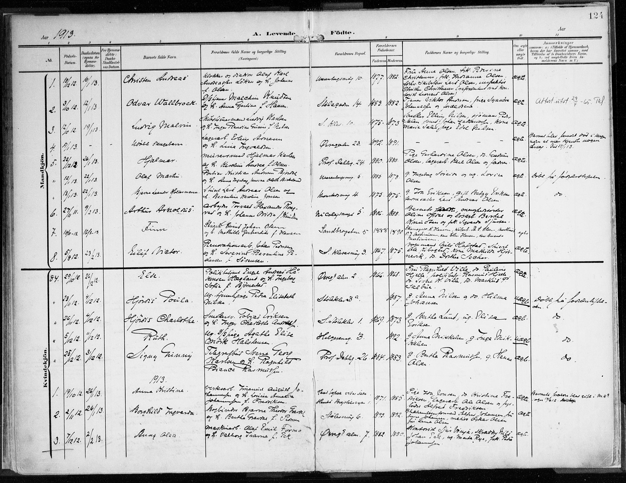 Mariakirken Sokneprestembete, SAB/A-76901/H/Haa/L0010: Parish register (official) no. B 1, 1901-1915, p. 124