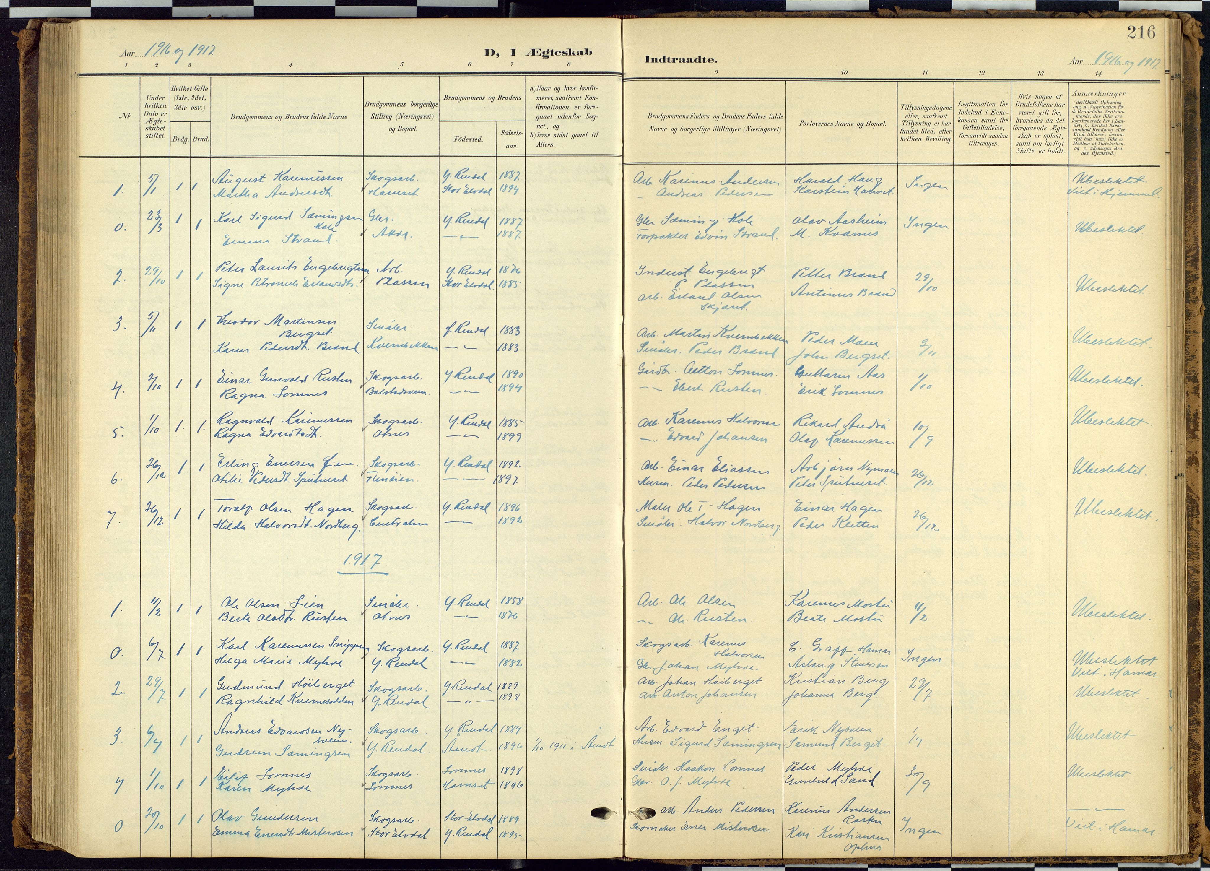 Rendalen prestekontor, SAH/PREST-054/H/Ha/Hab/L0010: Parish register (copy) no. 10, 1903-1940, p. 216