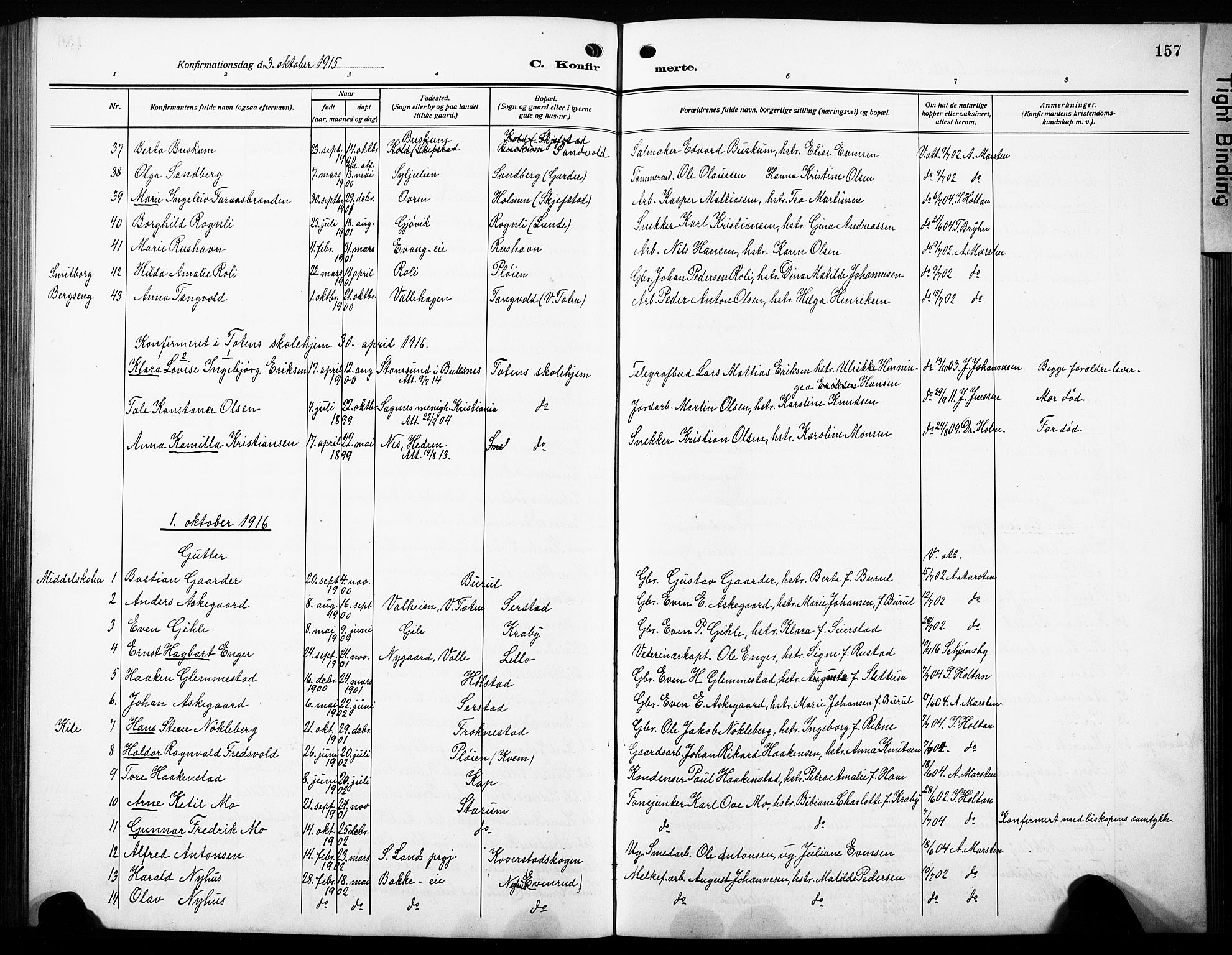 Østre Toten prestekontor, AV/SAH-PREST-104/H/Ha/Hab/L0010: Parish register (copy) no. 10, 1912-1933, p. 157