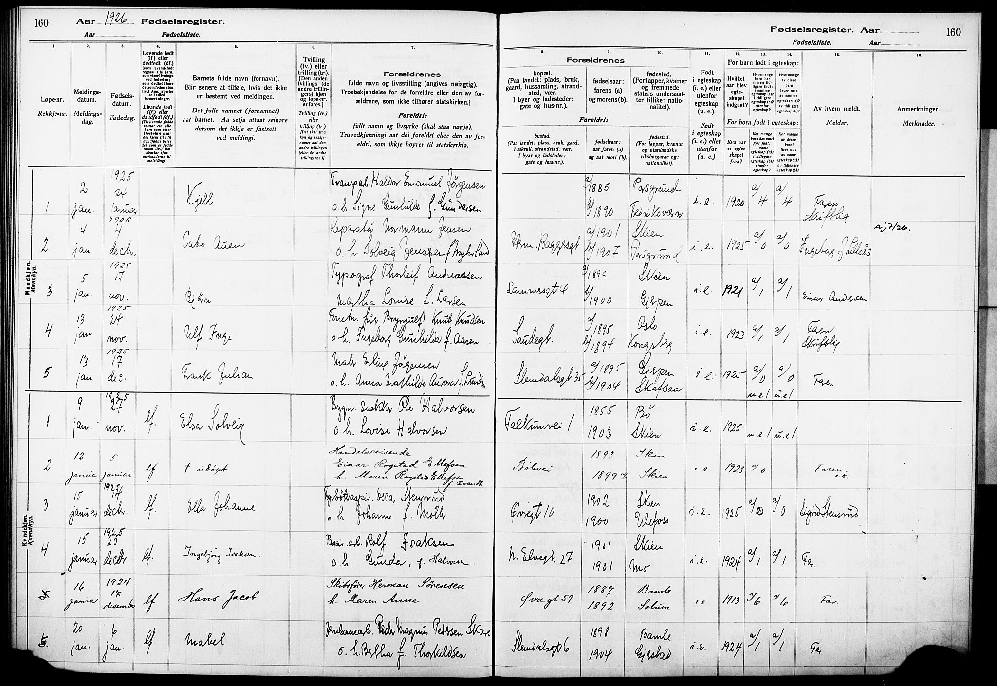 Skien kirkebøker, AV/SAKO-A-302/J/Ja/L0002: Birth register no. 2, 1921-1927, p. 160