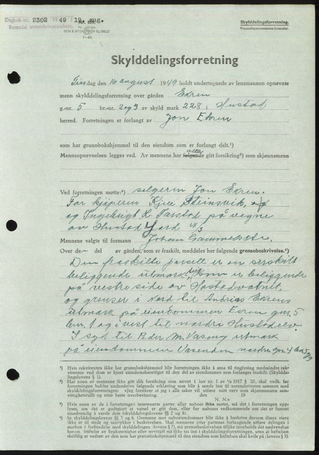 Romsdal sorenskriveri, AV/SAT-A-4149/1/2/2C: Mortgage book no. A30, 1949-1949, Diary no: : 2302/1949