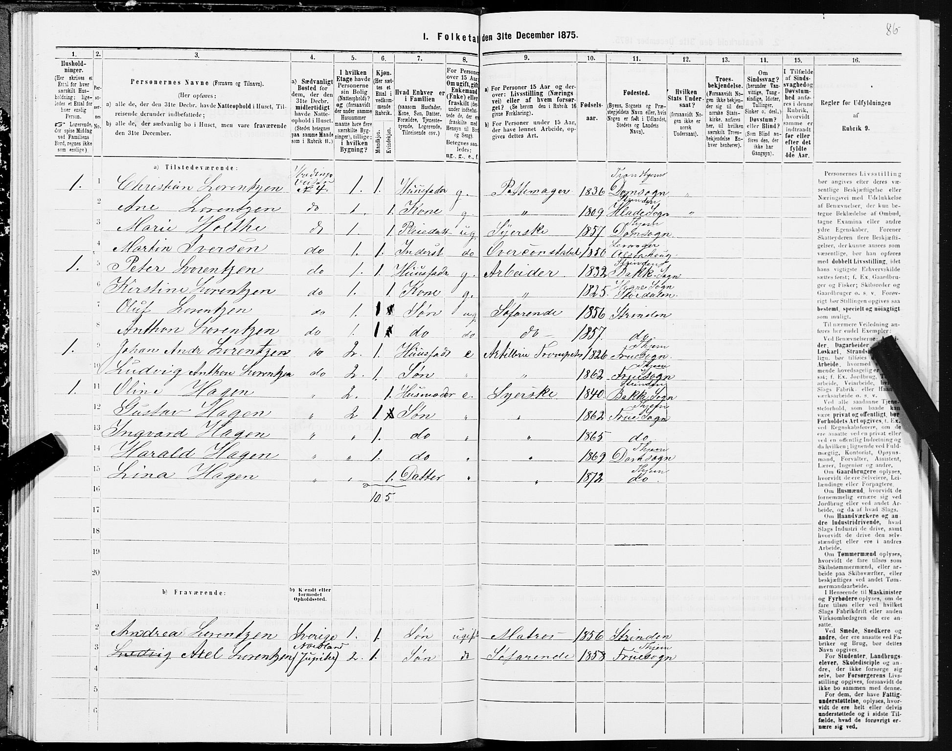 SAT, 1875 census for 1601 Trondheim, 1875, p. 7086