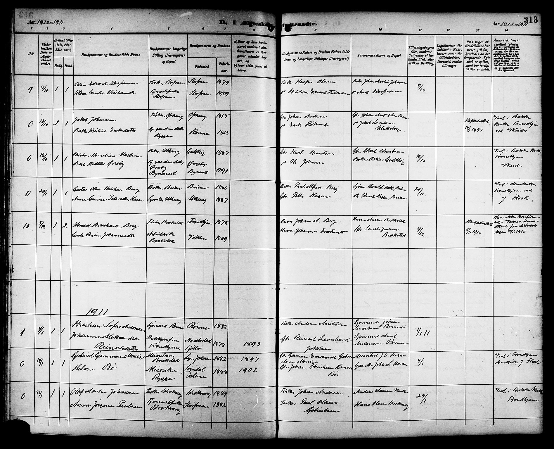 Ministerialprotokoller, klokkerbøker og fødselsregistre - Sør-Trøndelag, SAT/A-1456/659/L0746: Parish register (copy) no. 659C03, 1893-1912, p. 313