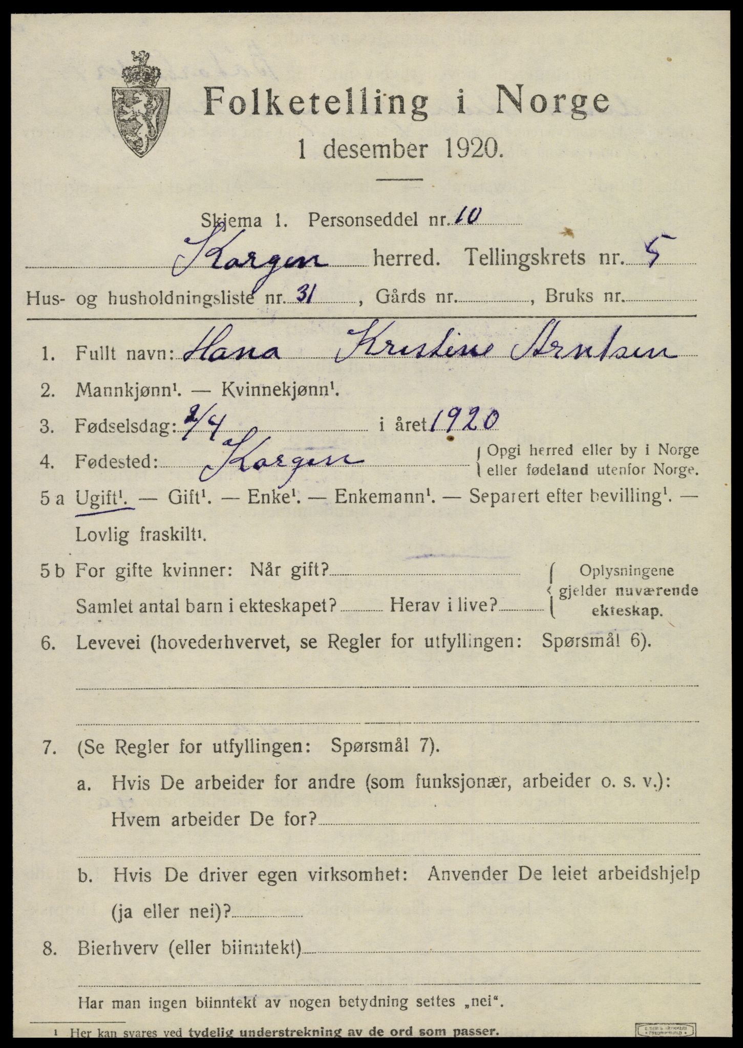 SAT, 1920 census for Korgen, 1920, p. 2406