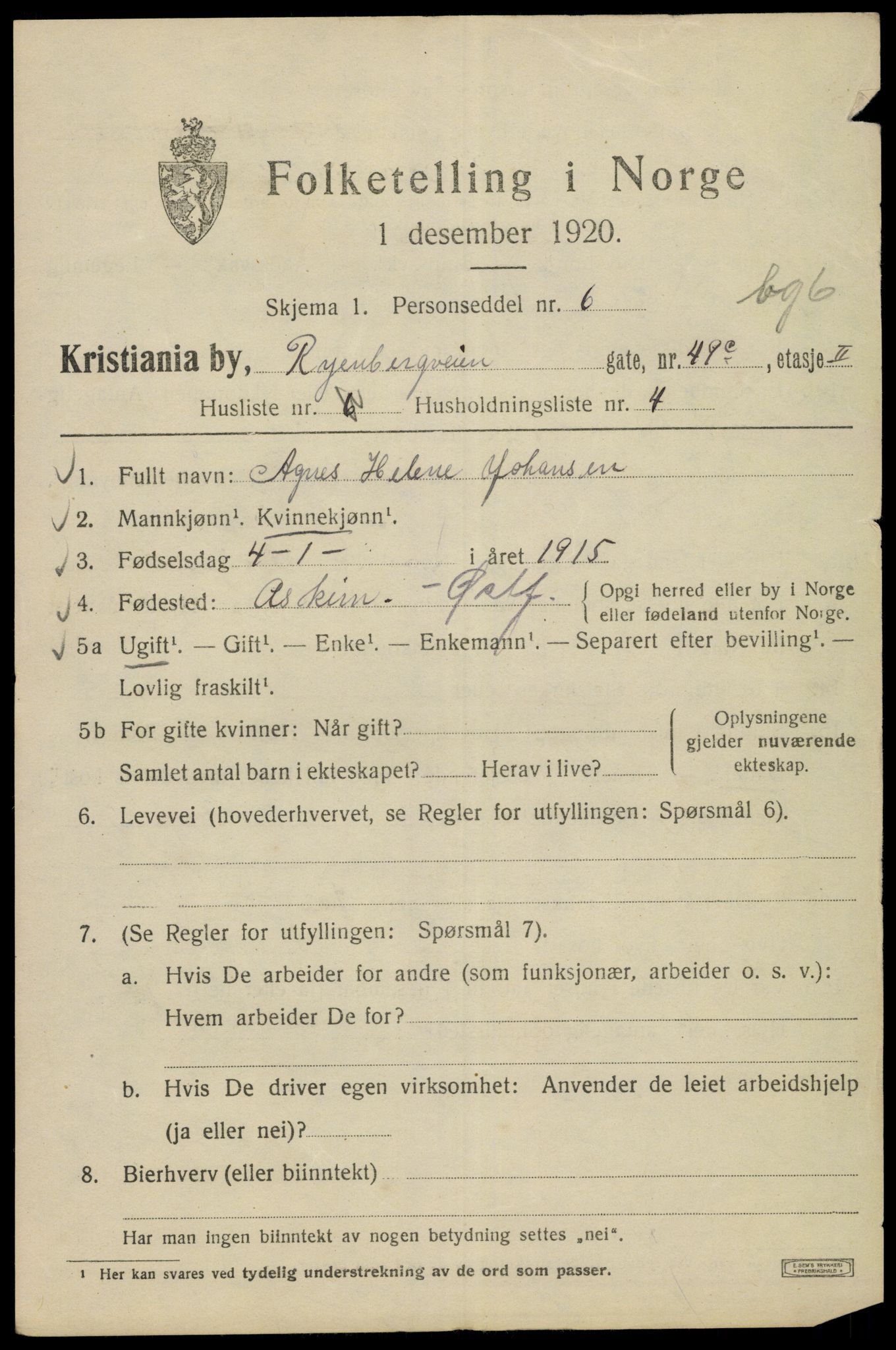 SAO, 1920 census for Kristiania, 1920, p. 476207