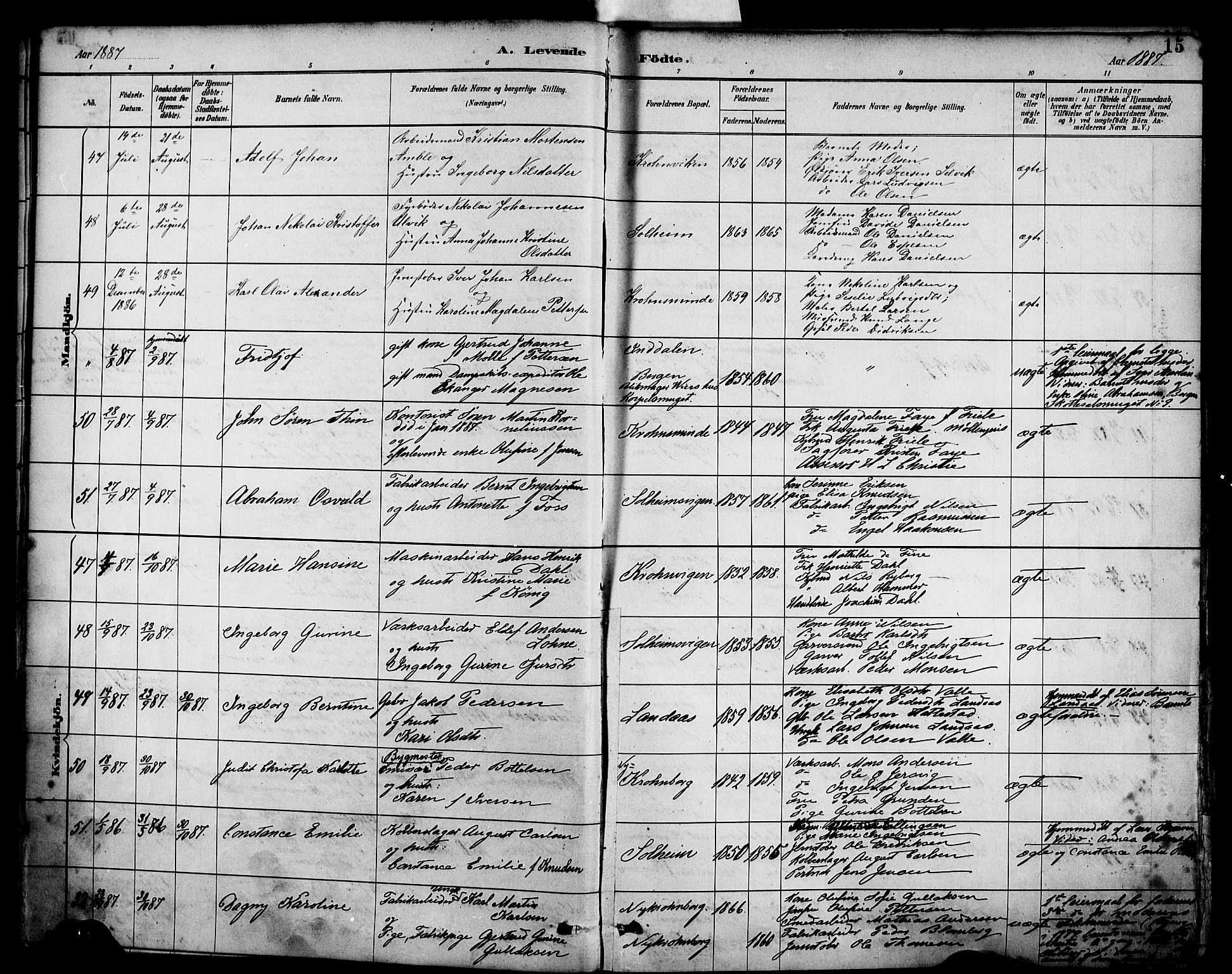 Årstad Sokneprestembete, SAB/A-79301/H/Haa/L0001: Parish register (official) no. A 1, 1886-1901, p. 15