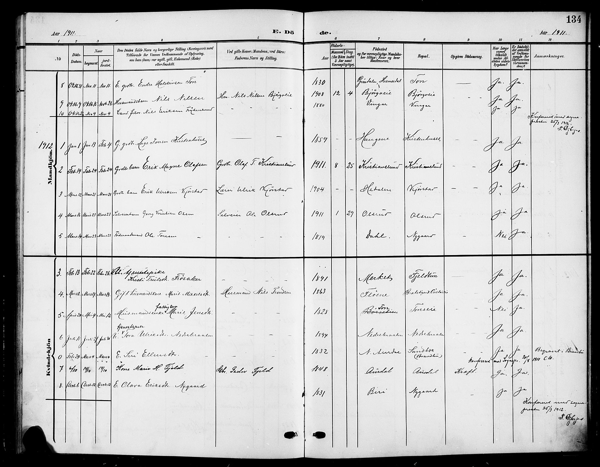 Nord-Aurdal prestekontor, SAH/PREST-132/H/Ha/Hab/L0012: Parish register (copy) no. 12, 1907-1920, p. 134