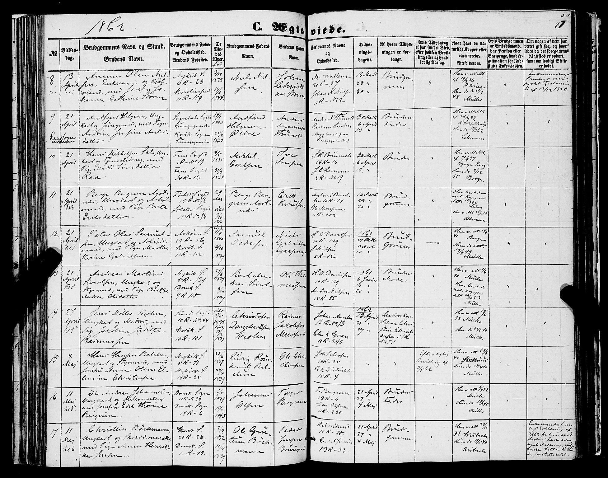 Domkirken sokneprestembete, AV/SAB-A-74801/H/Haa/L0034: Parish register (official) no. D 2, 1853-1874, p. 87