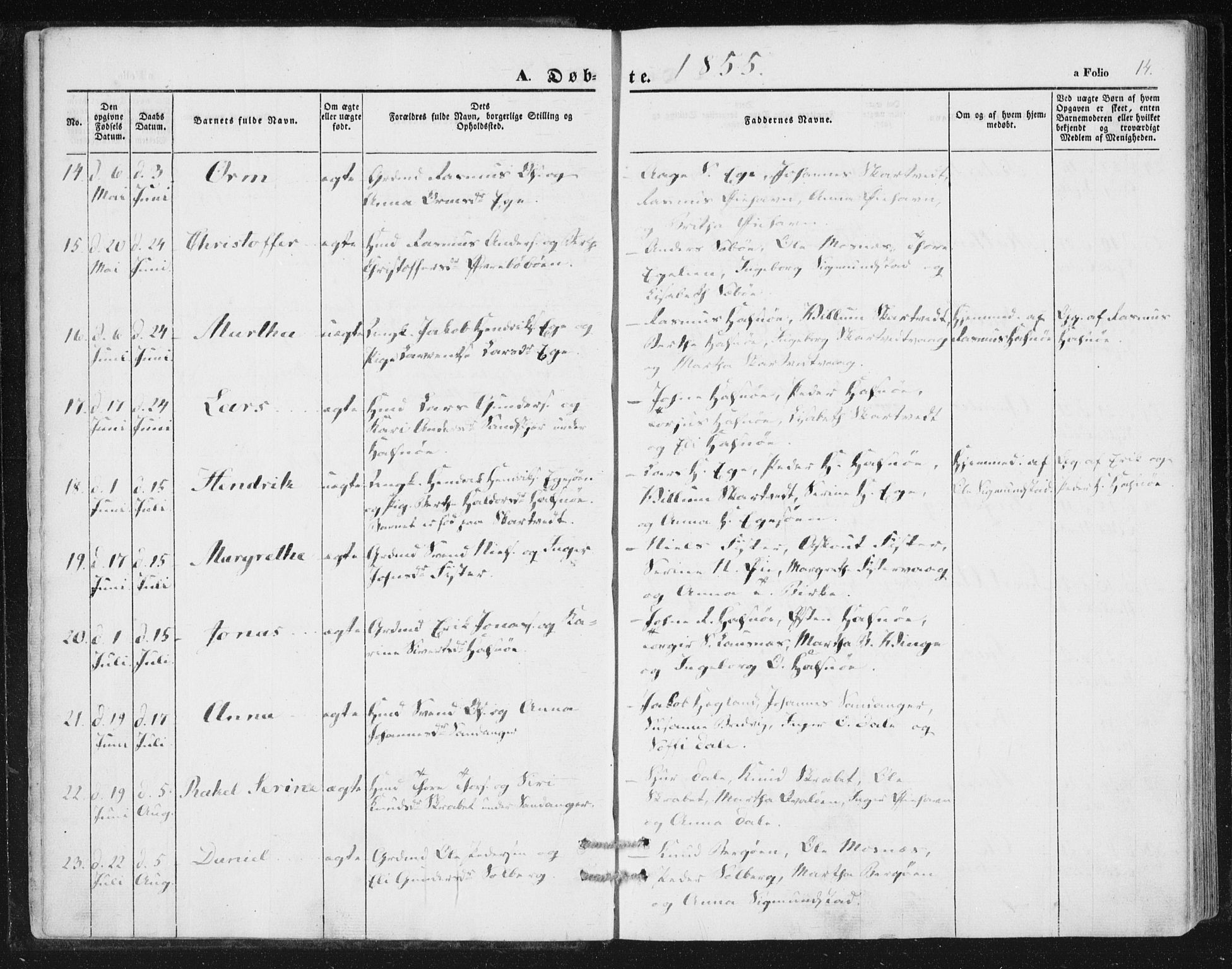 Hjelmeland sokneprestkontor, AV/SAST-A-101843/01/IV/L0010: Parish register (official) no. A 10, 1851-1871, p. 14