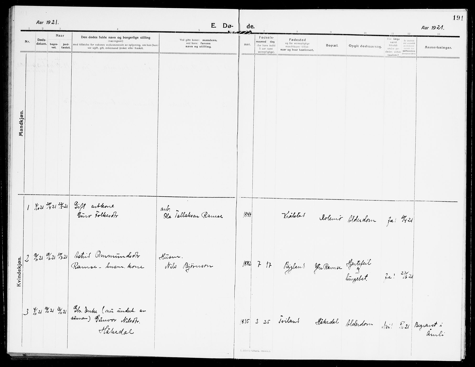 Åmli sokneprestkontor, AV/SAK-1111-0050/F/Fb/Fbb/L0003: Parish register (copy) no. B 3, 1906-1941, p. 191