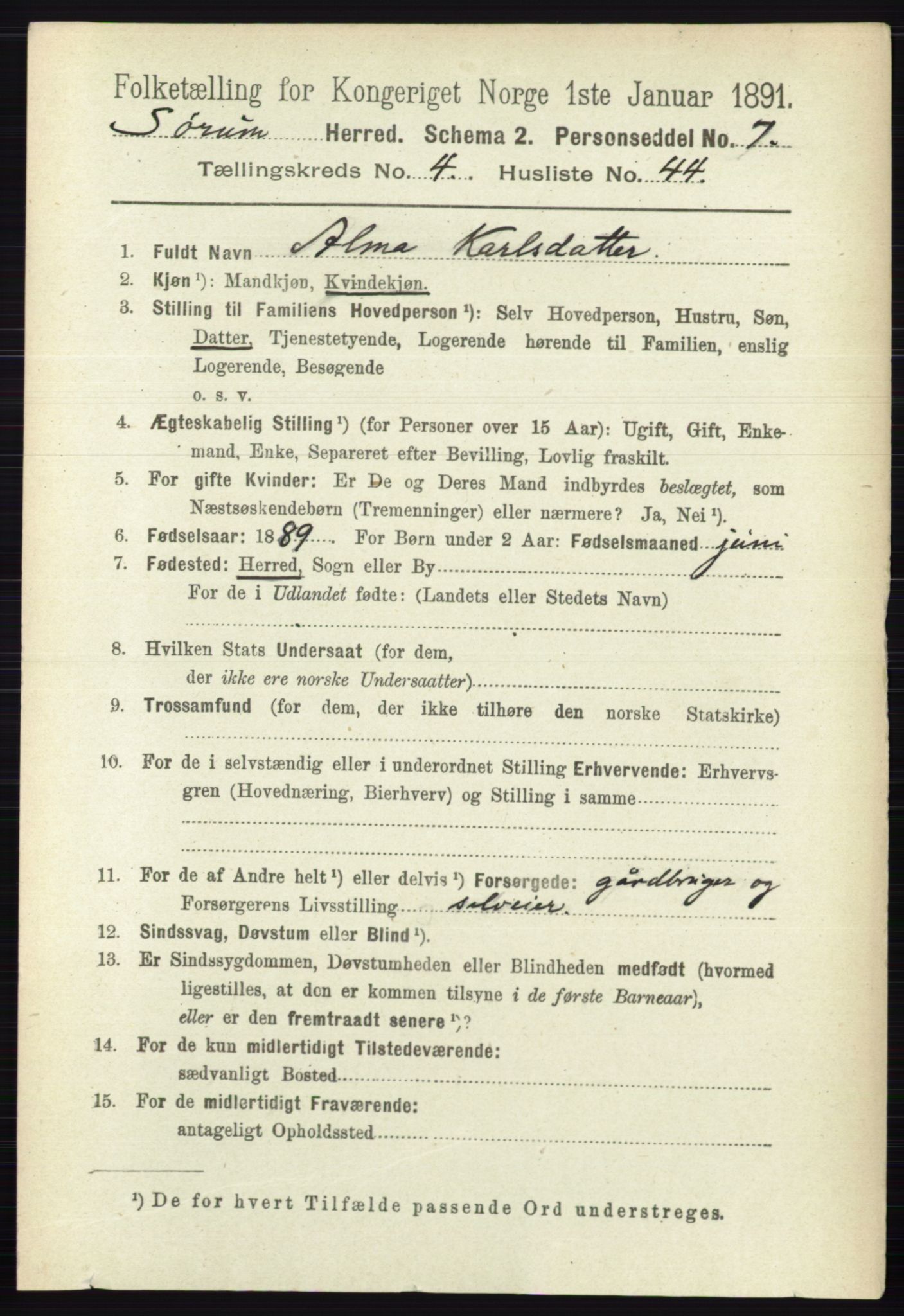 RA, 1891 census for 0226 Sørum, 1891, p. 2134
