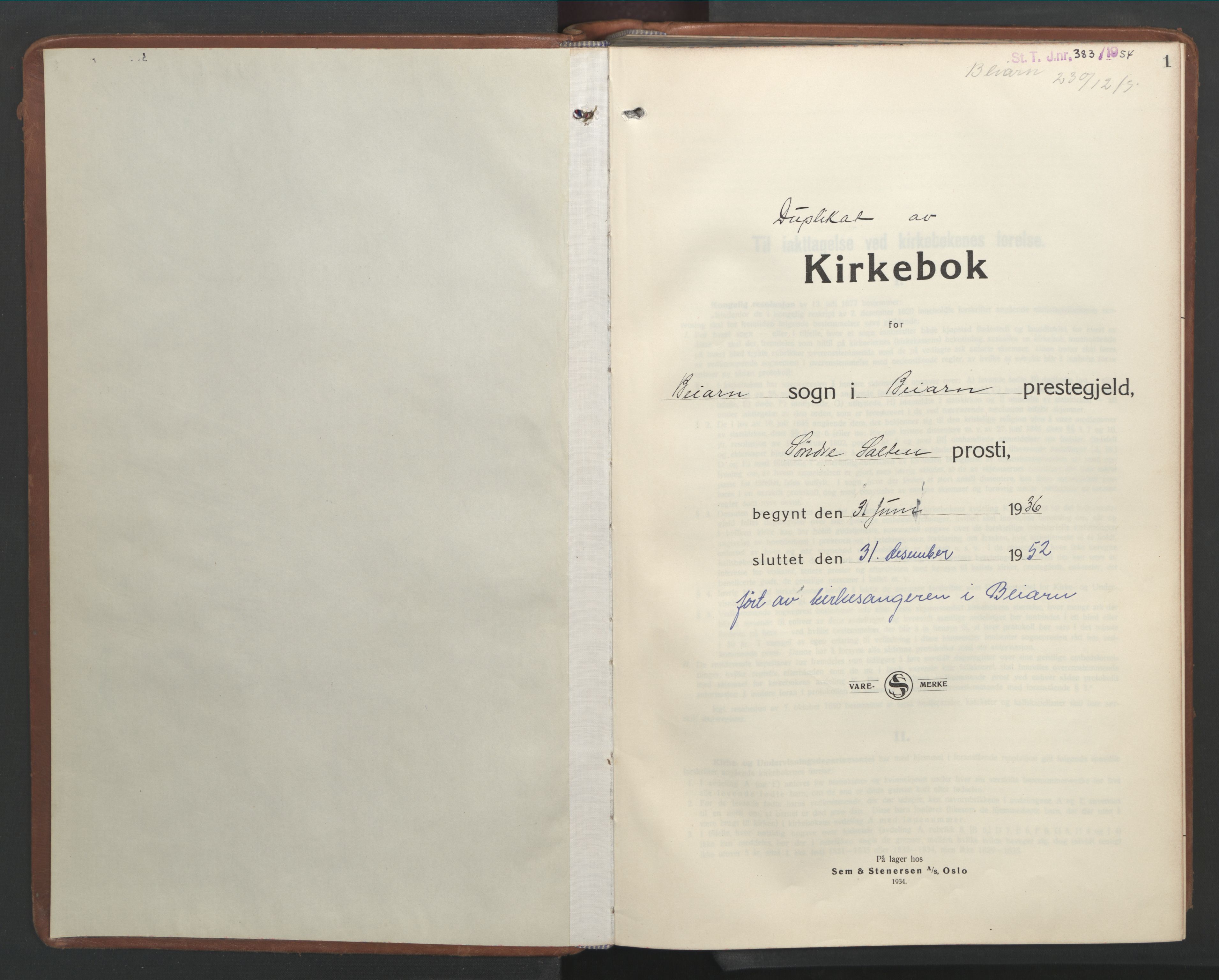 Ministerialprotokoller, klokkerbøker og fødselsregistre - Nordland, AV/SAT-A-1459/846/L0657: Parish register (copy) no. 846C07, 1936-1952, p. 1