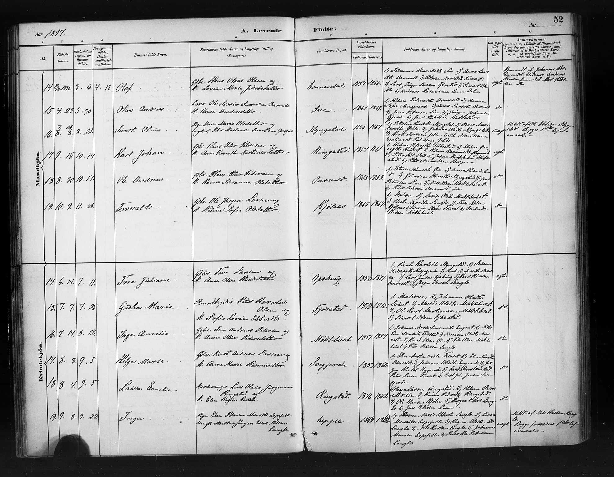 Ministerialprotokoller, klokkerbøker og fødselsregistre - Møre og Romsdal, AV/SAT-A-1454/520/L0283: Parish register (official) no. 520A12, 1882-1898, p. 52