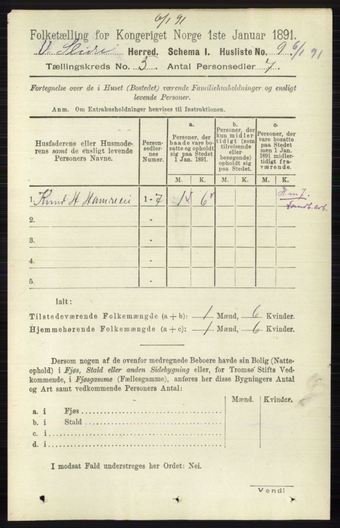 RA, 1891 census for 0543 Vestre Slidre, 1891, p. 1697