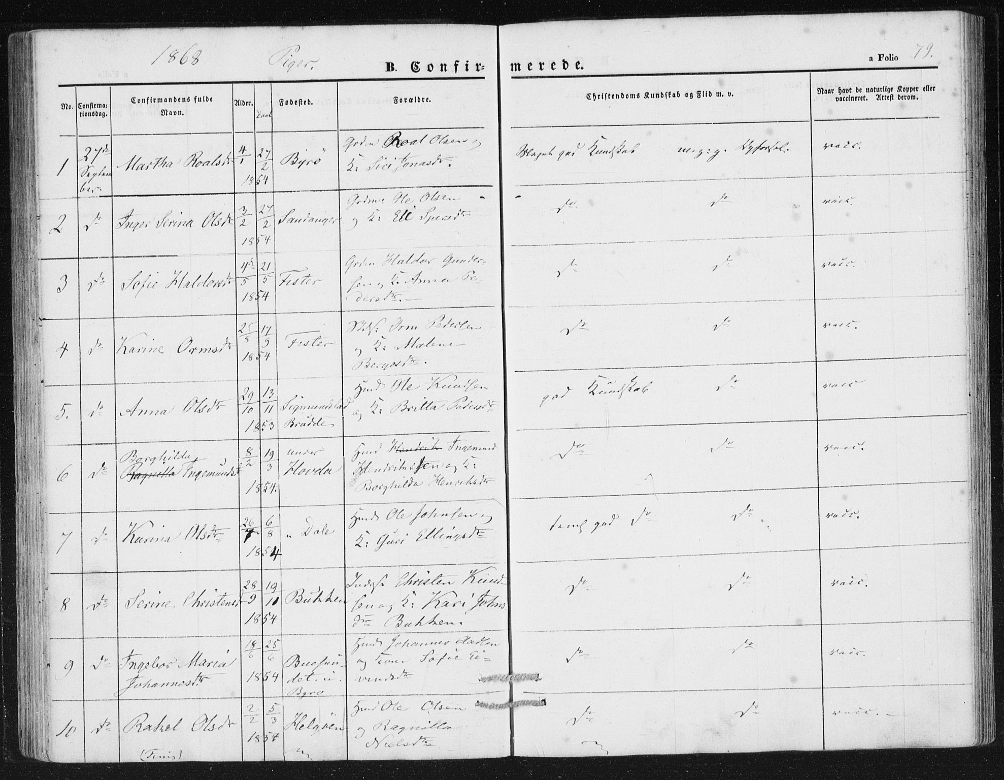 Hjelmeland sokneprestkontor, AV/SAST-A-101843/01/IV/L0010: Parish register (official) no. A 10, 1851-1871, p. 79