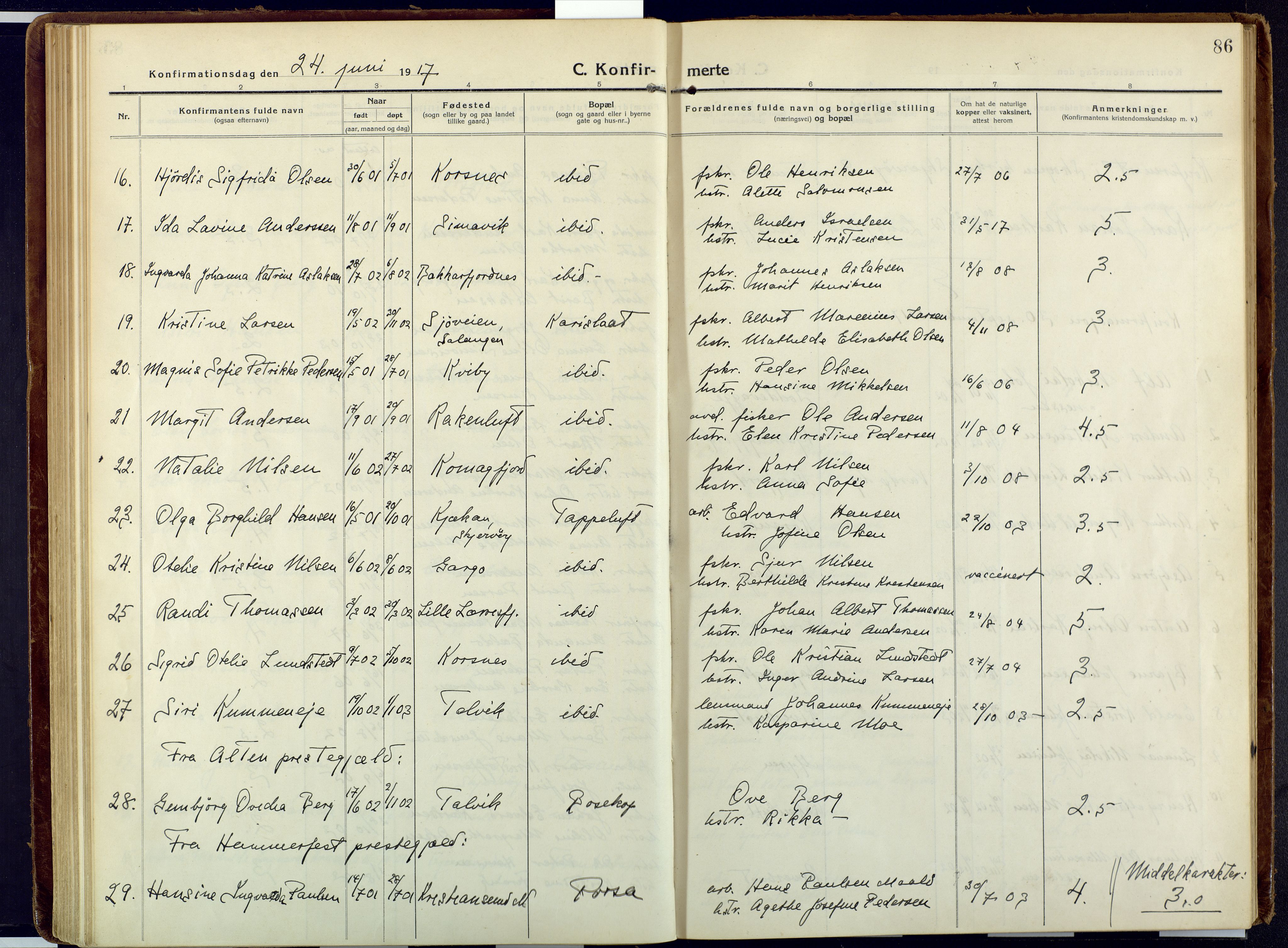 Talvik sokneprestkontor, AV/SATØ-S-1337/H/Ha/L0018kirke: Parish register (official) no. 18, 1915-1924, p. 86