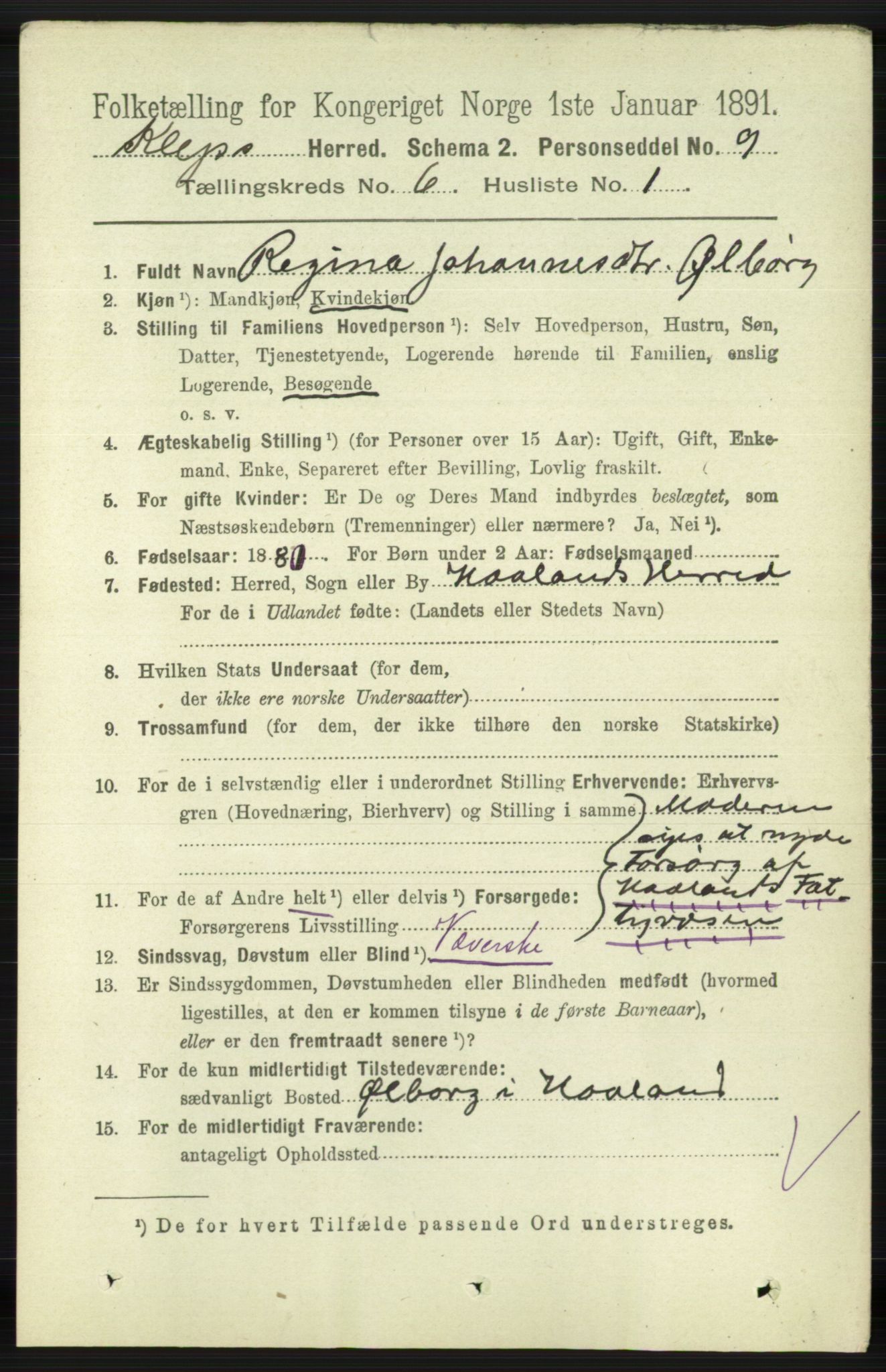 RA, 1891 census for 1120 Klepp, 1891, p. 1724