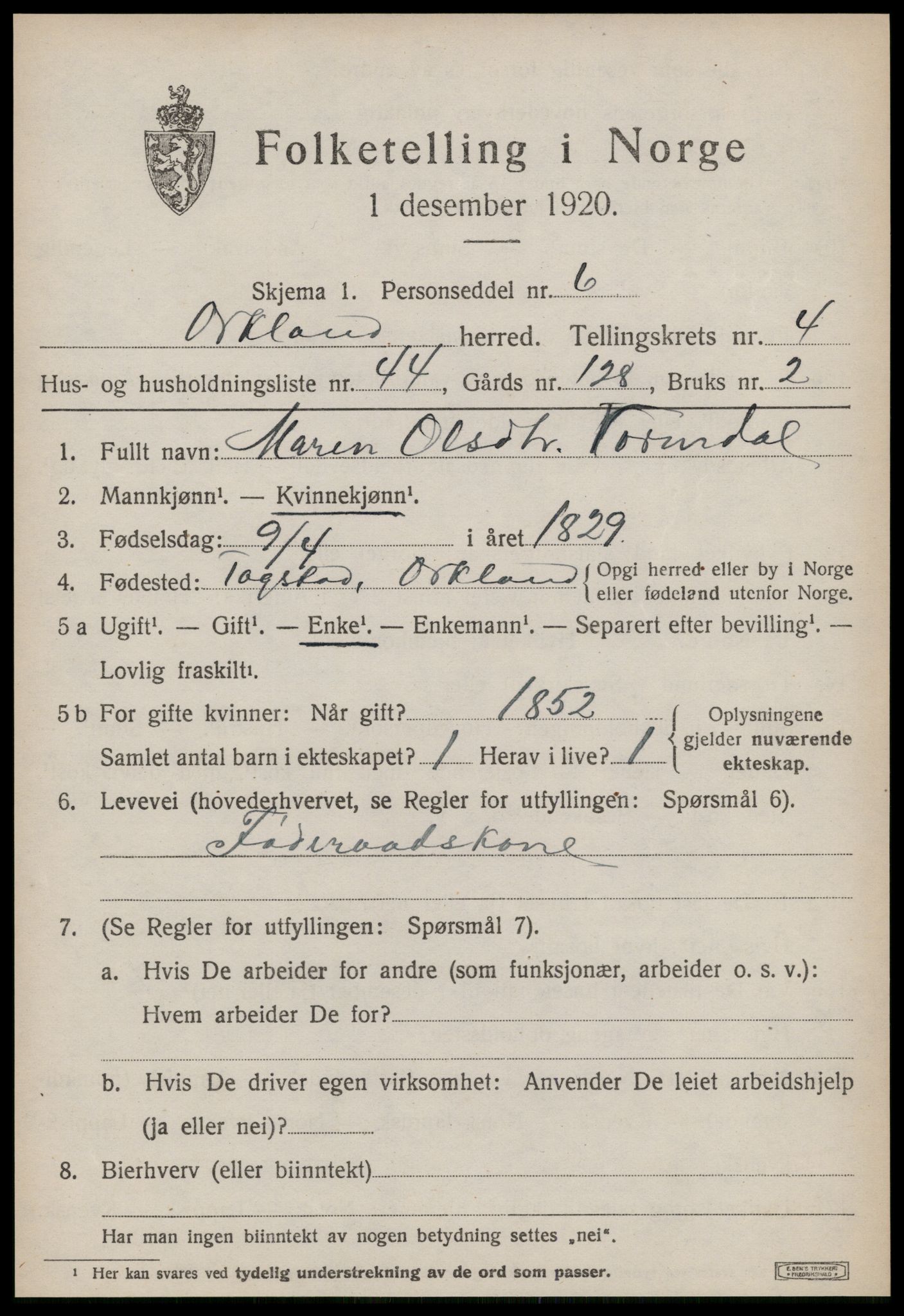 SAT, 1920 census for Orkland, 1920, p. 3810