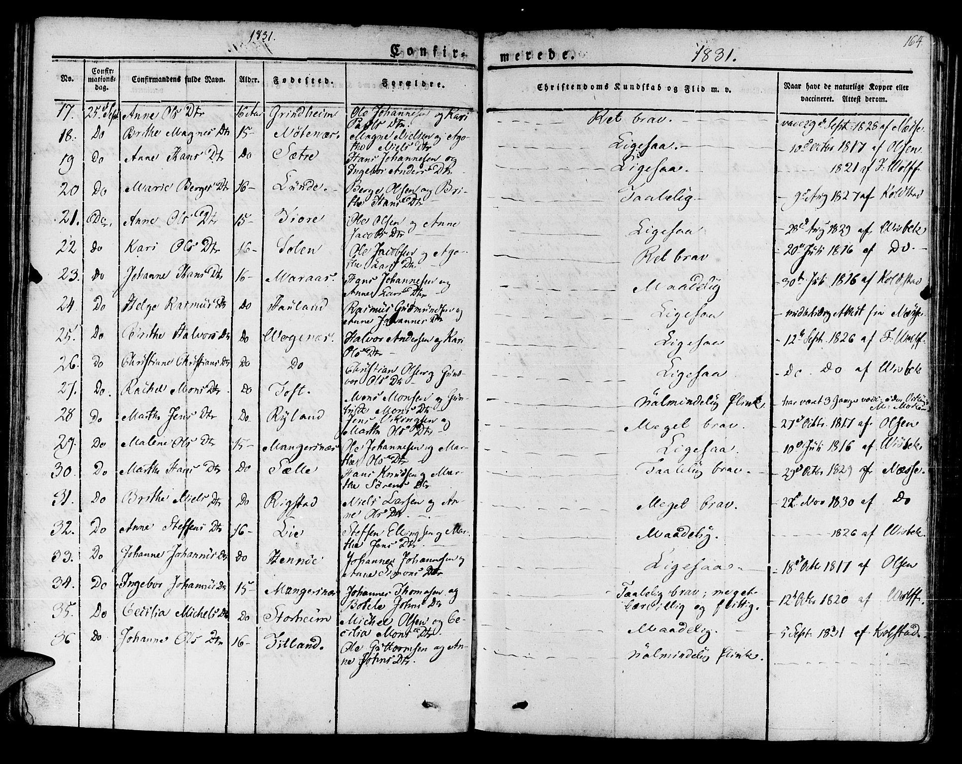 Manger sokneprestembete, AV/SAB-A-76801/H/Haa: Parish register (official) no. A 4, 1824-1838, p. 164