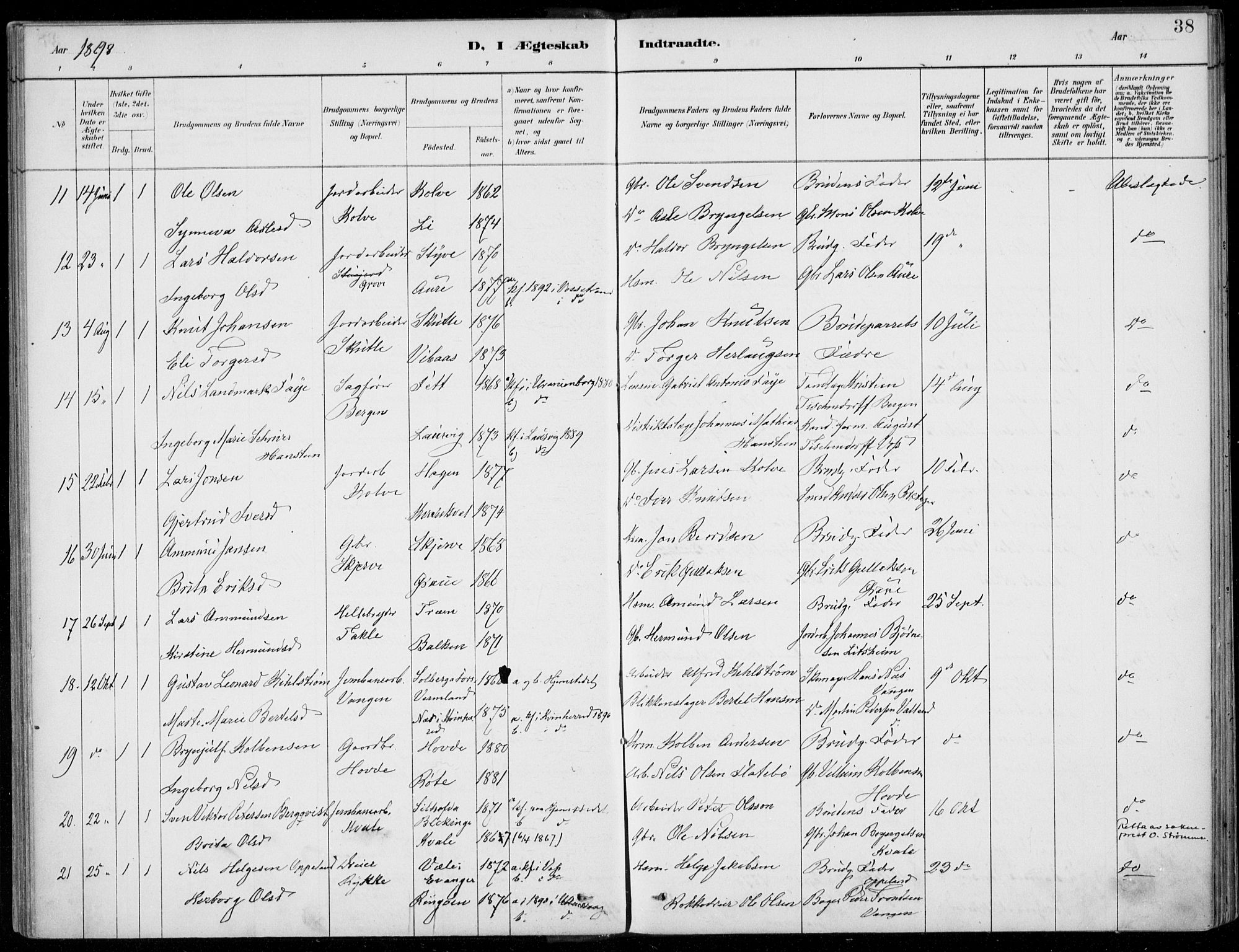 Voss sokneprestembete, SAB/A-79001/H/Haa: Parish register (official) no. C  1, 1887-1915, p. 38