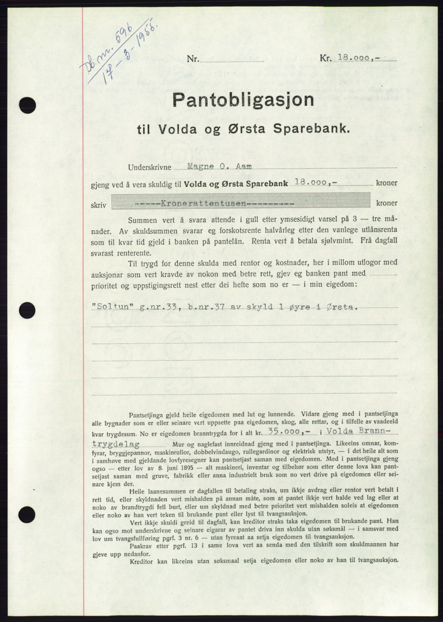 Søre Sunnmøre sorenskriveri, AV/SAT-A-4122/1/2/2C/L0126: Mortgage book no. 14B, 1954-1955, Diary no: : 596/1955