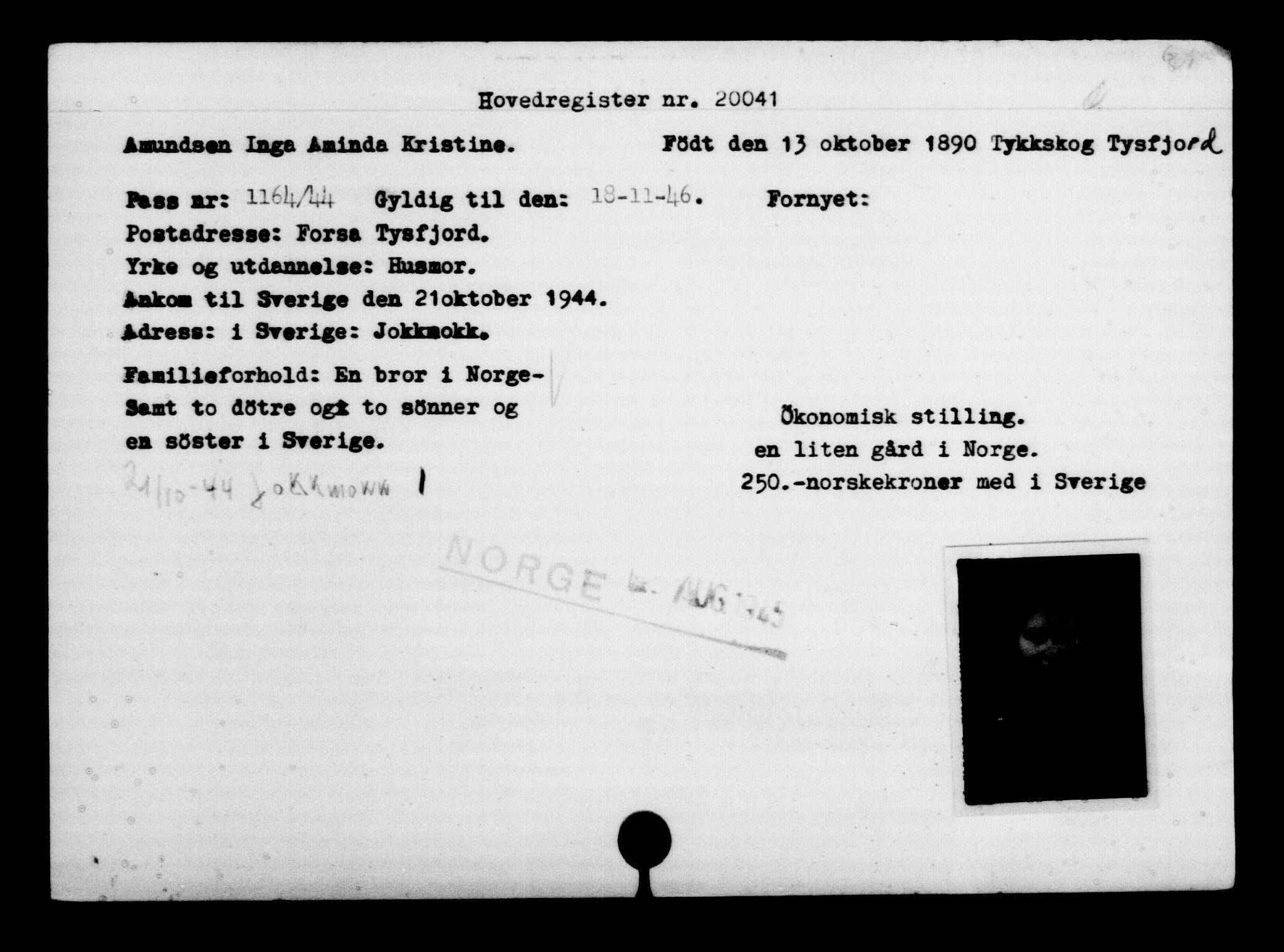 Utenriksstasjonene, Legasjonen i Stockholm, Flyktningkontoret, AV/RA-S-6753/V/Va/L0009: Kjesäterkartoteket, flyktninger med registreringsnr. 18502-22048, 1940-1945, p. 1707