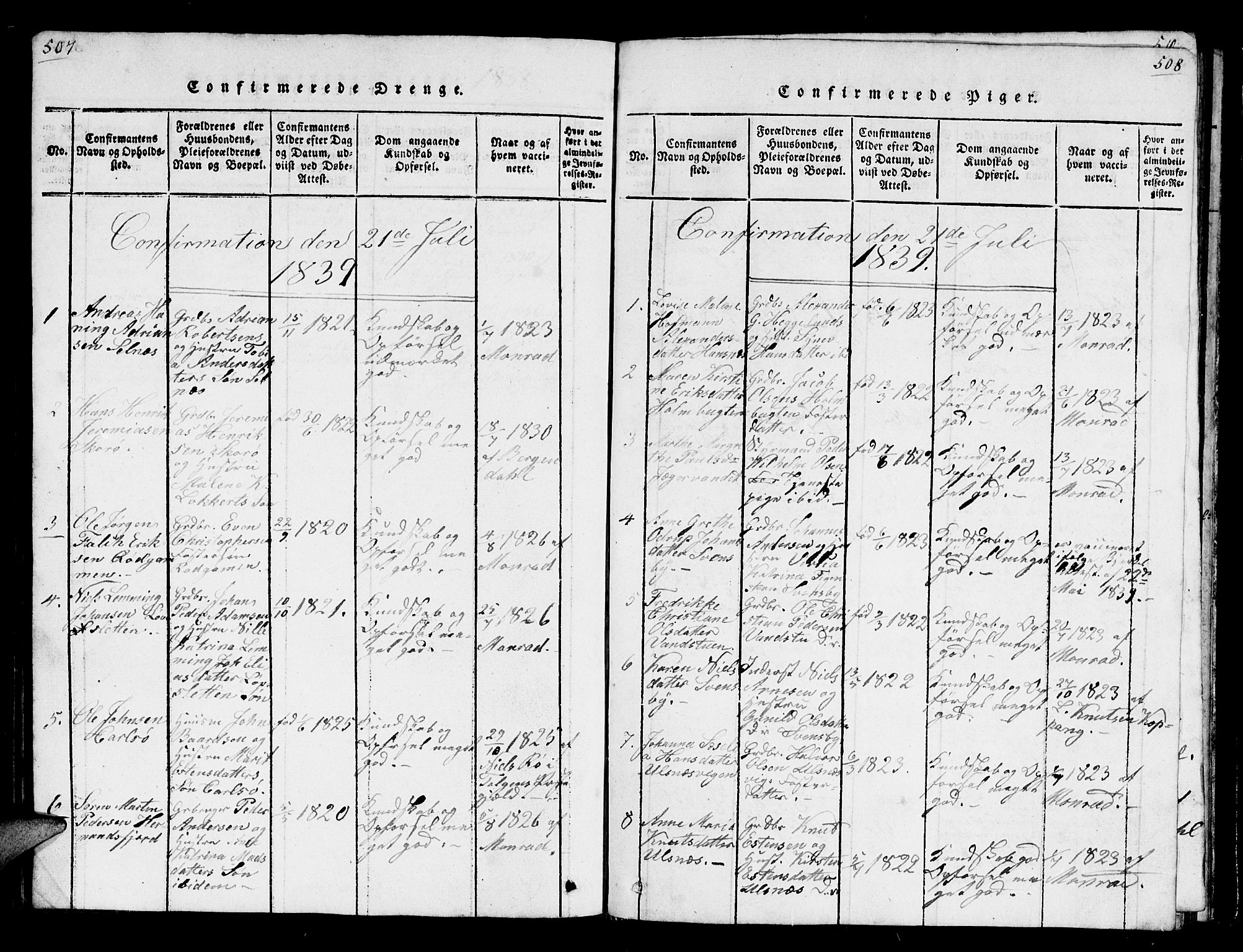 Karlsøy sokneprestembete, AV/SATØ-S-1299/H/Ha/Hab/L0001klokker: Parish register (copy) no. 1, 1821-1840, p. 507-508