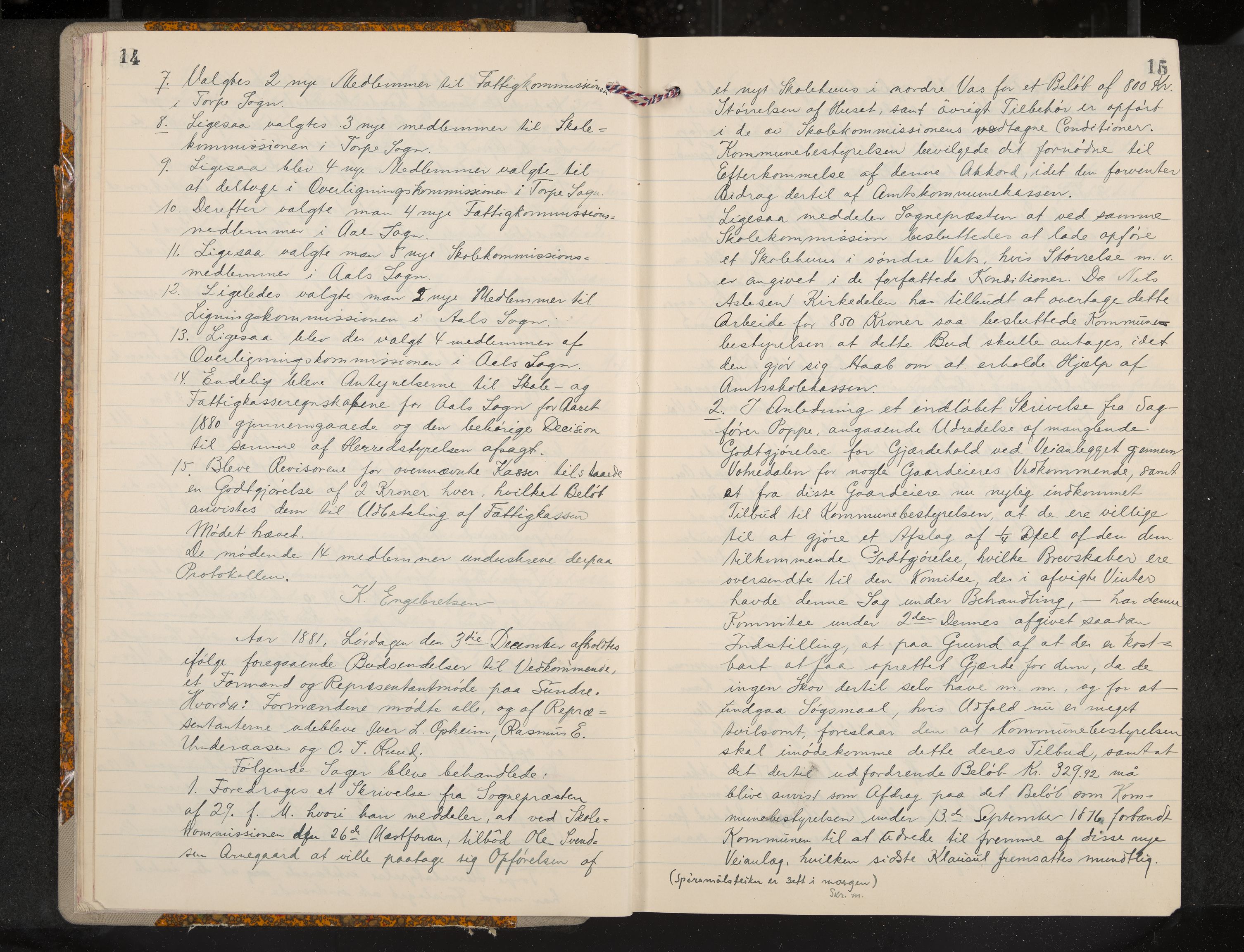 Ål formannskap og sentraladministrasjon, IKAK/0619021/A/Aa/L0004: Utskrift av møtebok, 1881-1901, p. 14-15