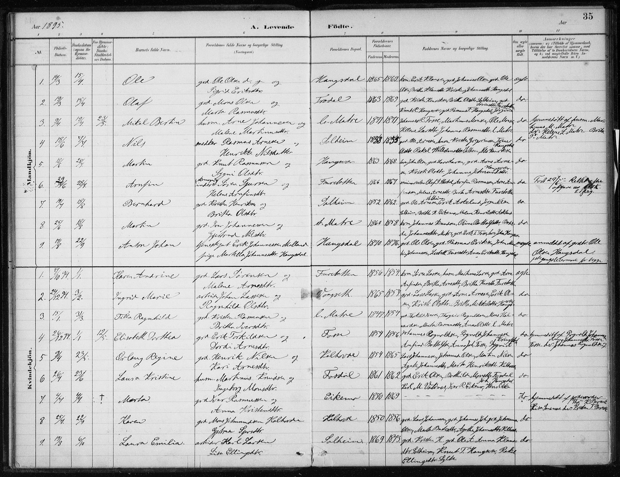 Masfjorden sokneprestembete, AV/SAB-A-77001: Parish register (official) no. C  1, 1882-1896, p. 35