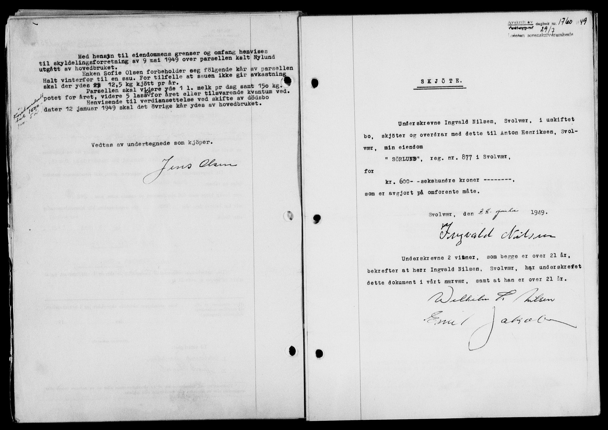Lofoten sorenskriveri, SAT/A-0017/1/2/2C/L0021a: Mortgage book no. 21a, 1949-1949, Diary no: : 1760/1949