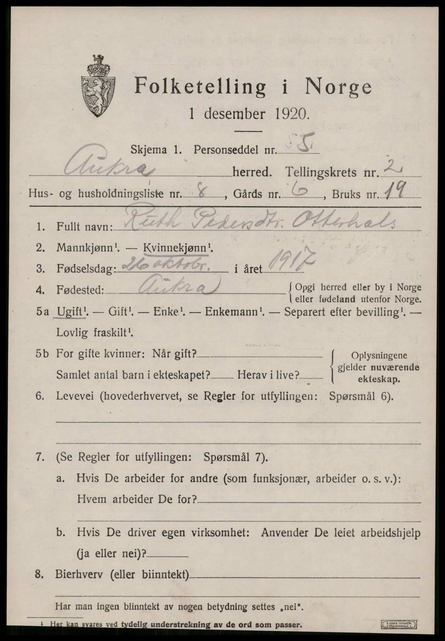 SAT, 1920 census for Aukra, 1920, p. 1719