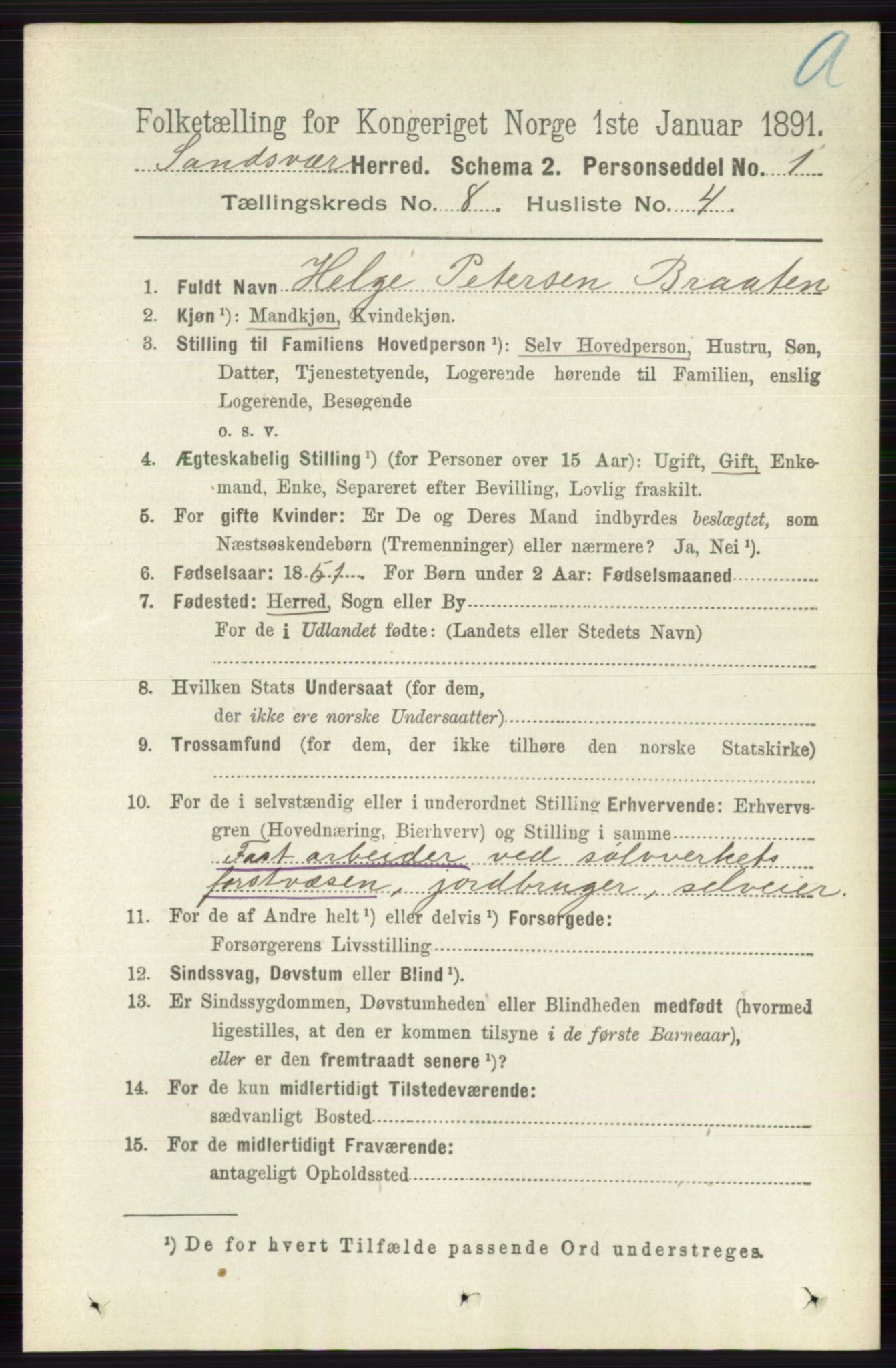 RA, 1891 census for 0629 Sandsvær, 1891, p. 4303