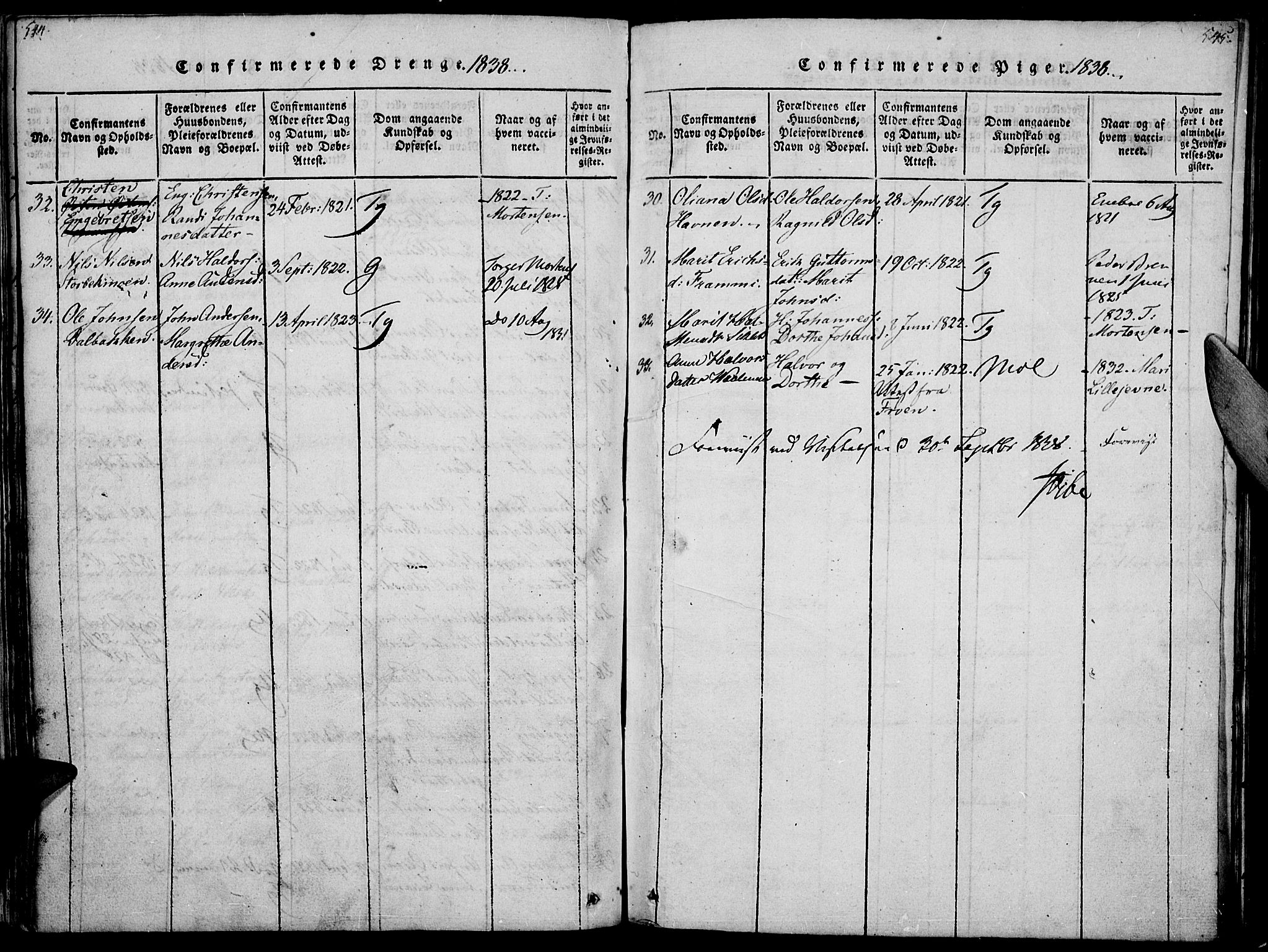 Ringebu prestekontor, AV/SAH-PREST-082/H/Ha/Haa/L0004: Parish register (official) no. 4, 1821-1839, p. 544-545