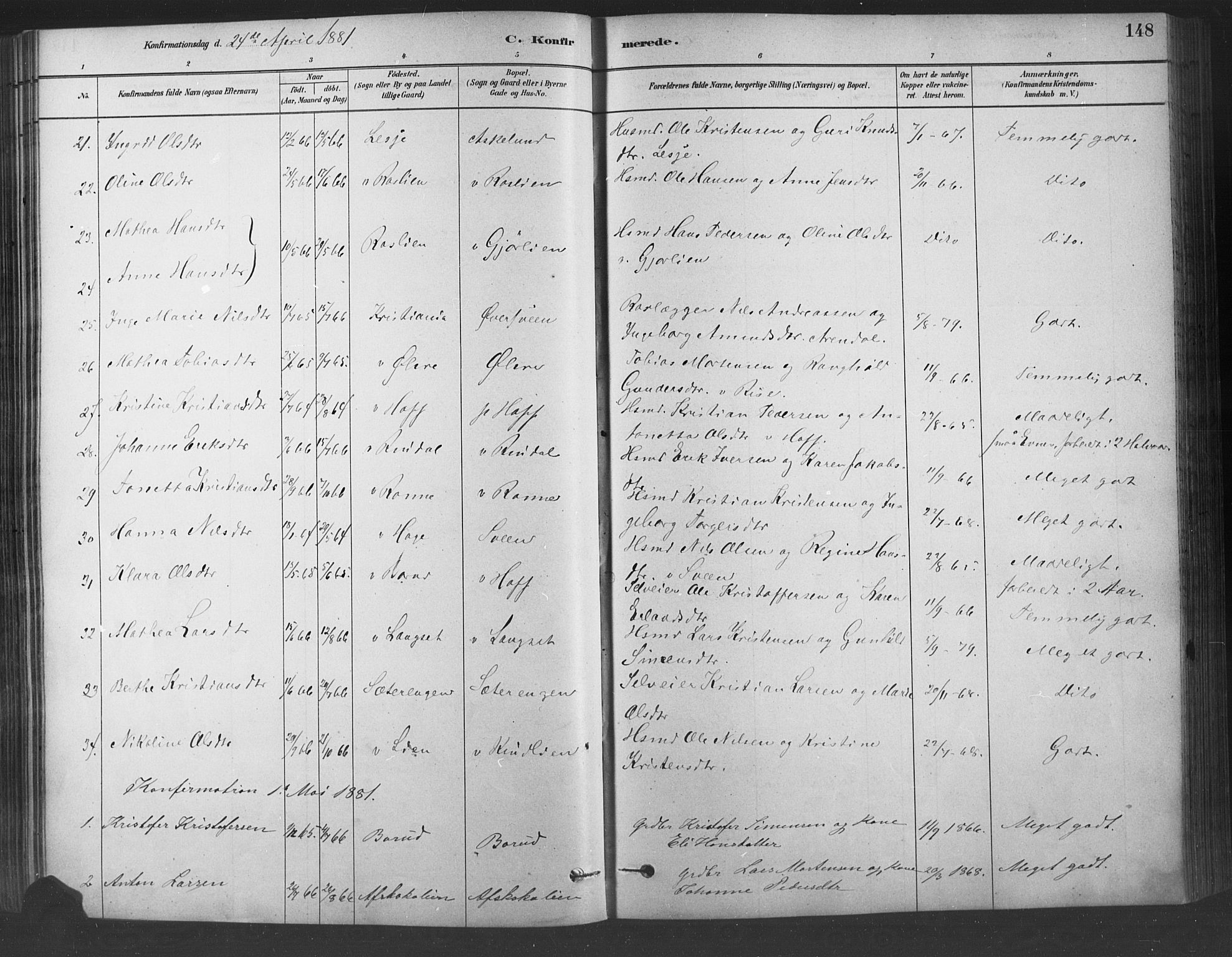 Fåberg prestekontor, AV/SAH-PREST-086/H/Ha/Haa/L0009: Parish register (official) no. 9, 1879-1898, p. 148