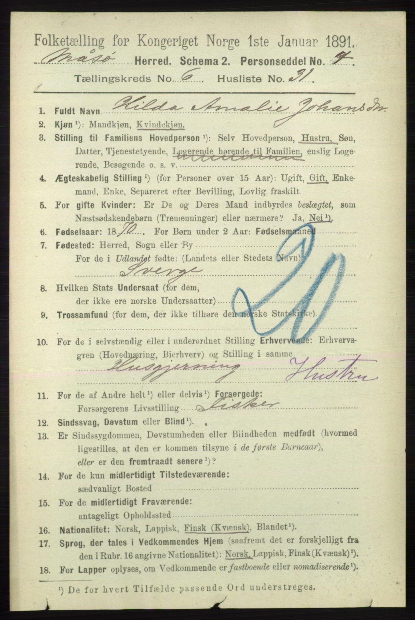 RA, 1891 census for 2018 Måsøy, 1891, p. 1307