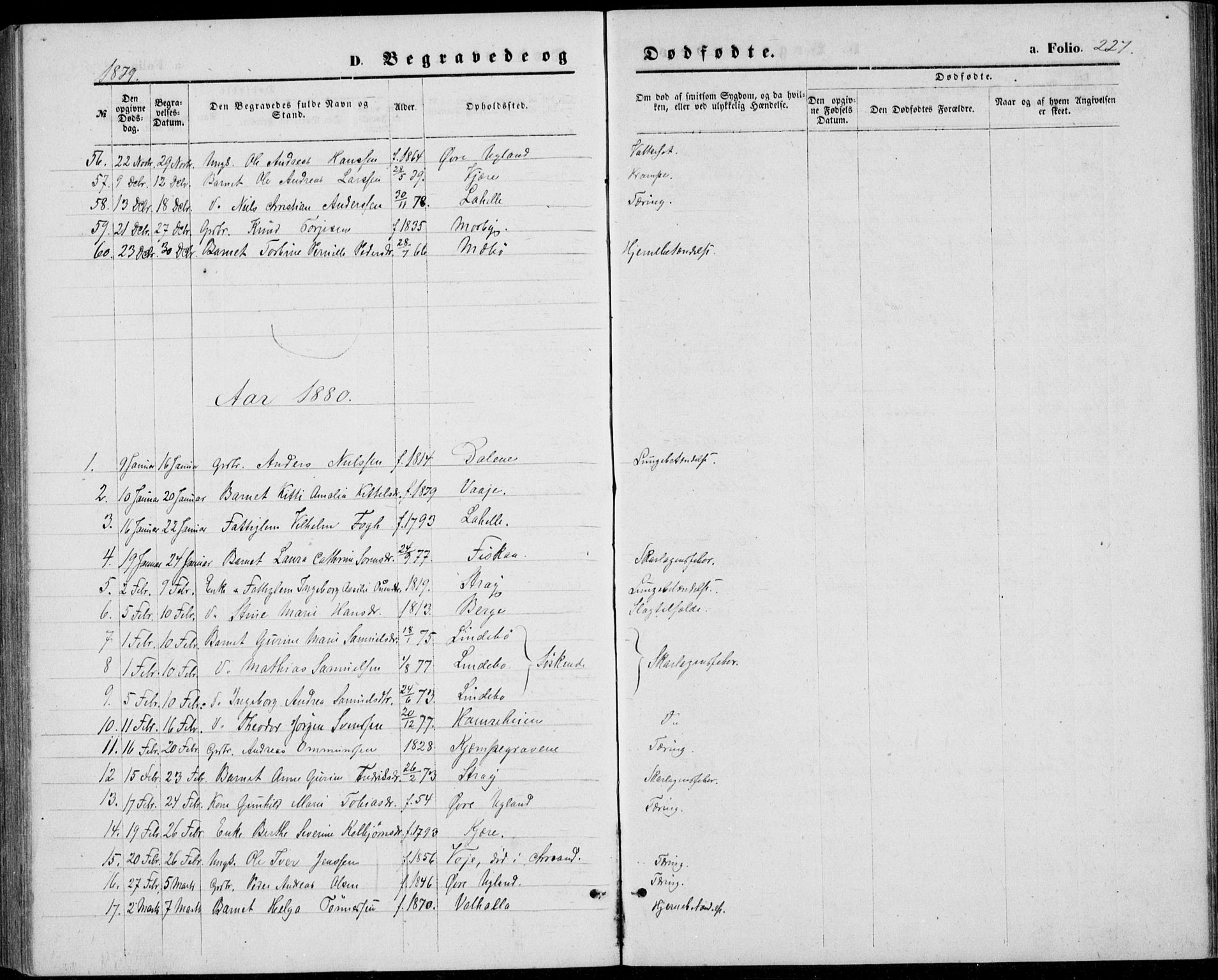 Oddernes sokneprestkontor, AV/SAK-1111-0033/F/Fb/Fba/L0007: Parish register (copy) no. B 7, 1869-1887, p. 227