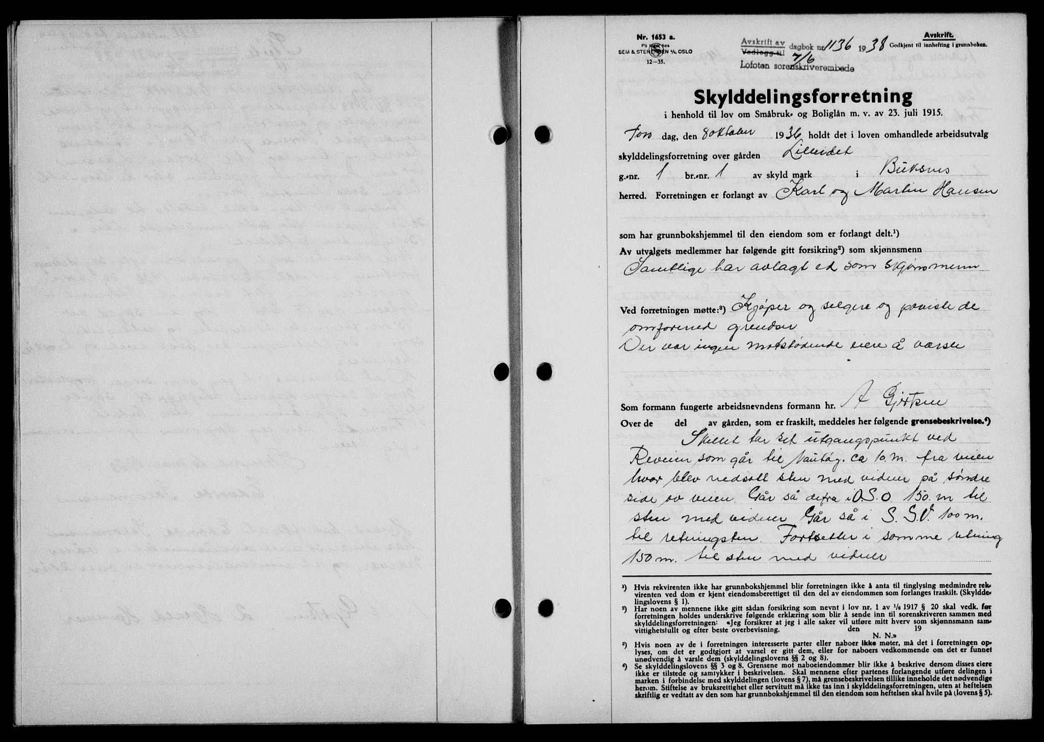 Lofoten sorenskriveri, SAT/A-0017/1/2/2C/L0004a: Mortgage book no. 4a, 1938-1938, Diary no: : 1136/1938