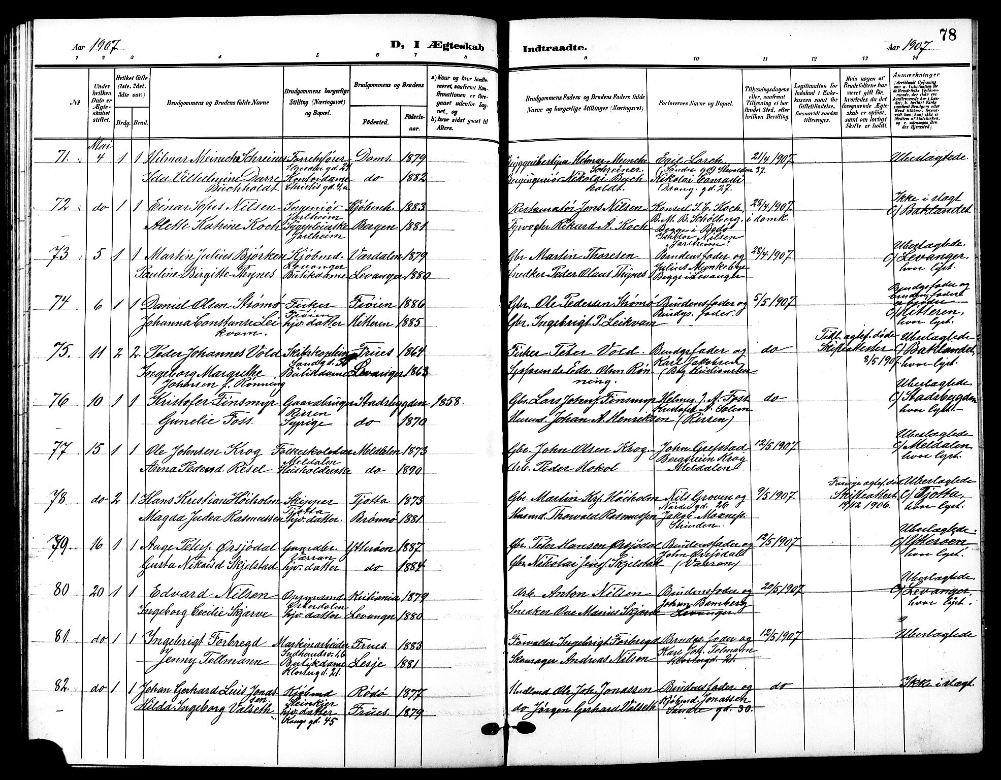 Ministerialprotokoller, klokkerbøker og fødselsregistre - Sør-Trøndelag, AV/SAT-A-1456/601/L0095: Parish register (copy) no. 601C13, 1902-1911, p. 78