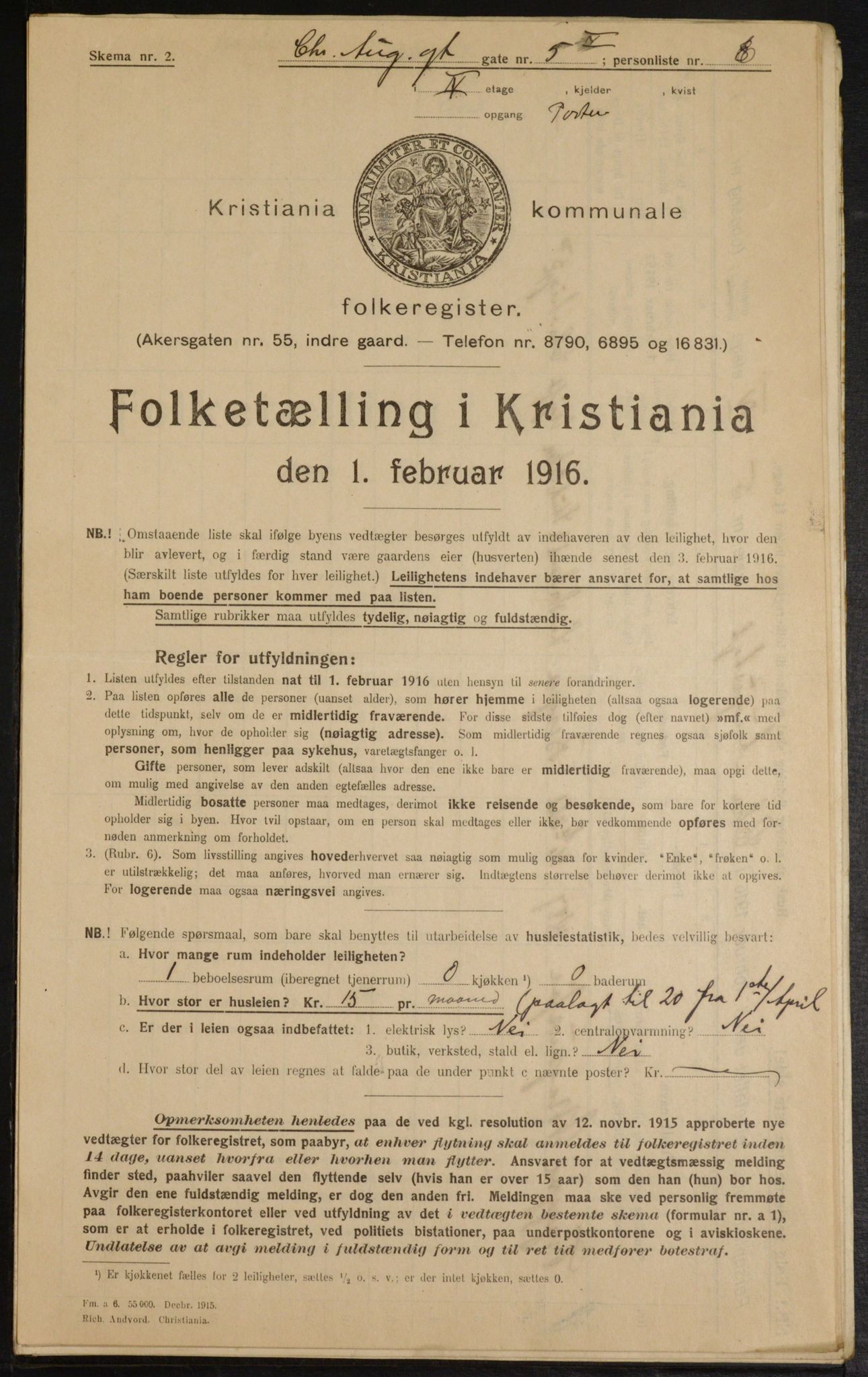 OBA, Municipal Census 1916 for Kristiania, 1916, p. 55104