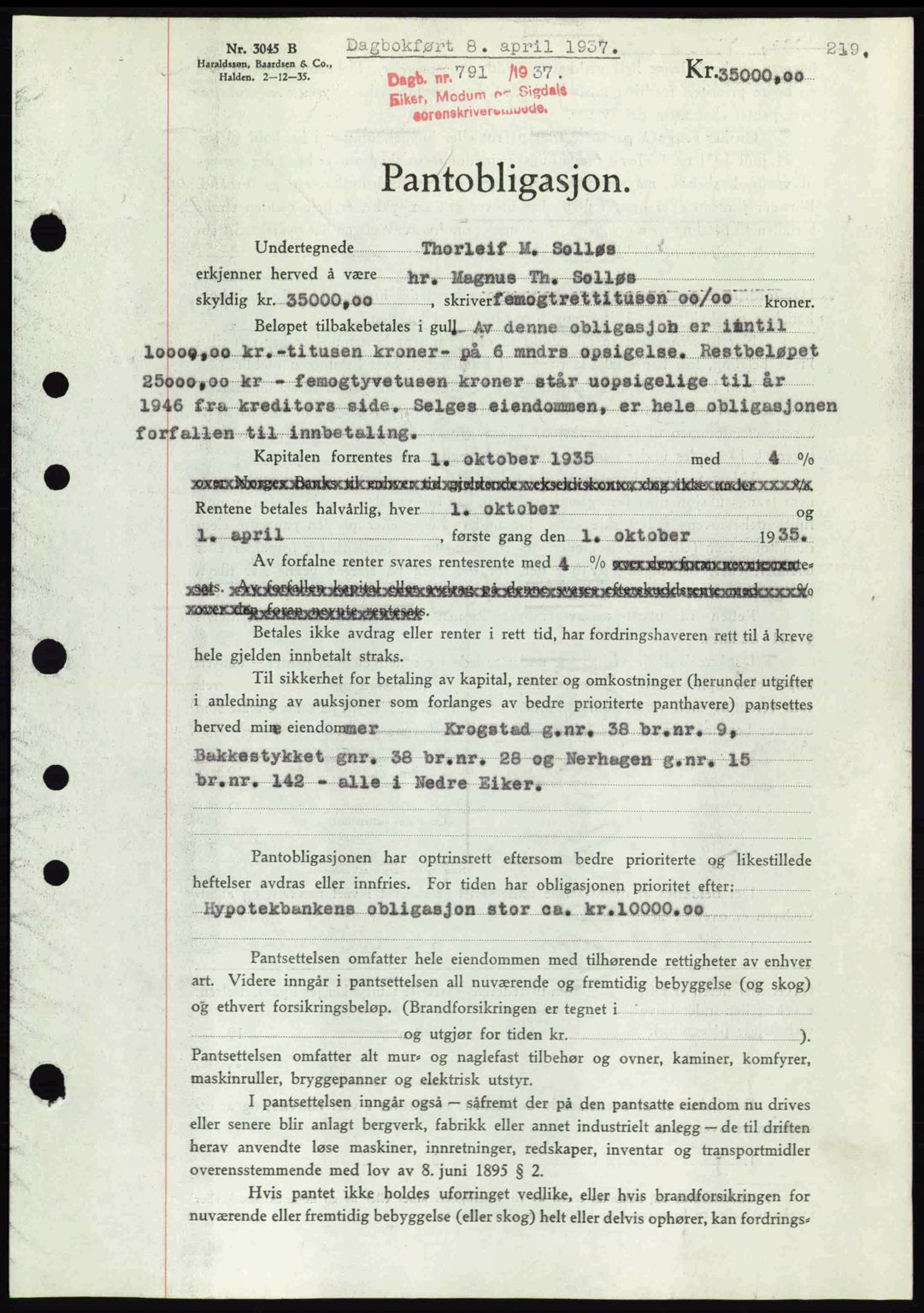 Eiker, Modum og Sigdal sorenskriveri, SAKO/A-123/G/Ga/Gab/L0035: Mortgage book no. A5, 1937-1937, Diary no: : 791/1937